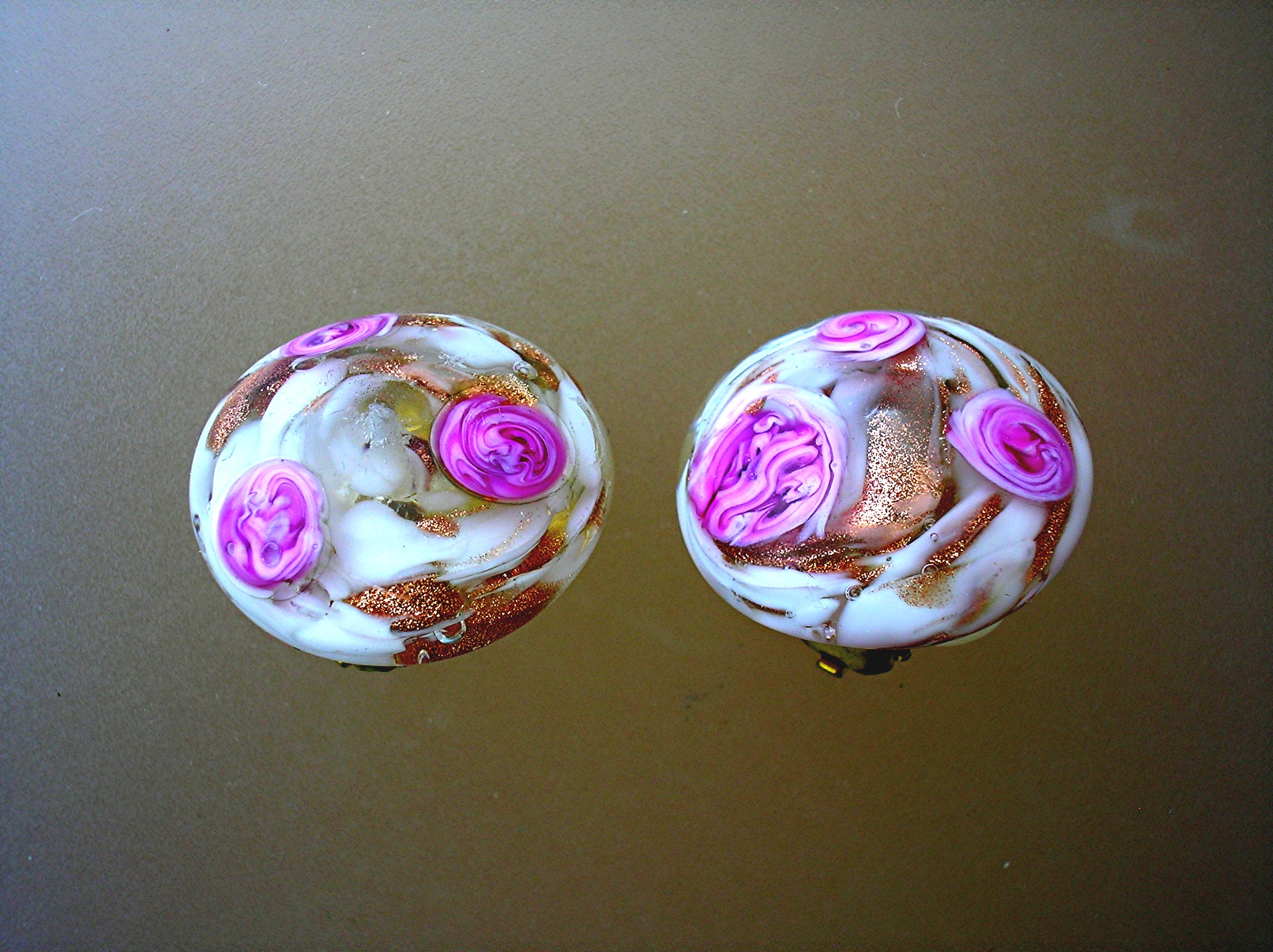 Clip Earrings Venetian Glass Pink Roses