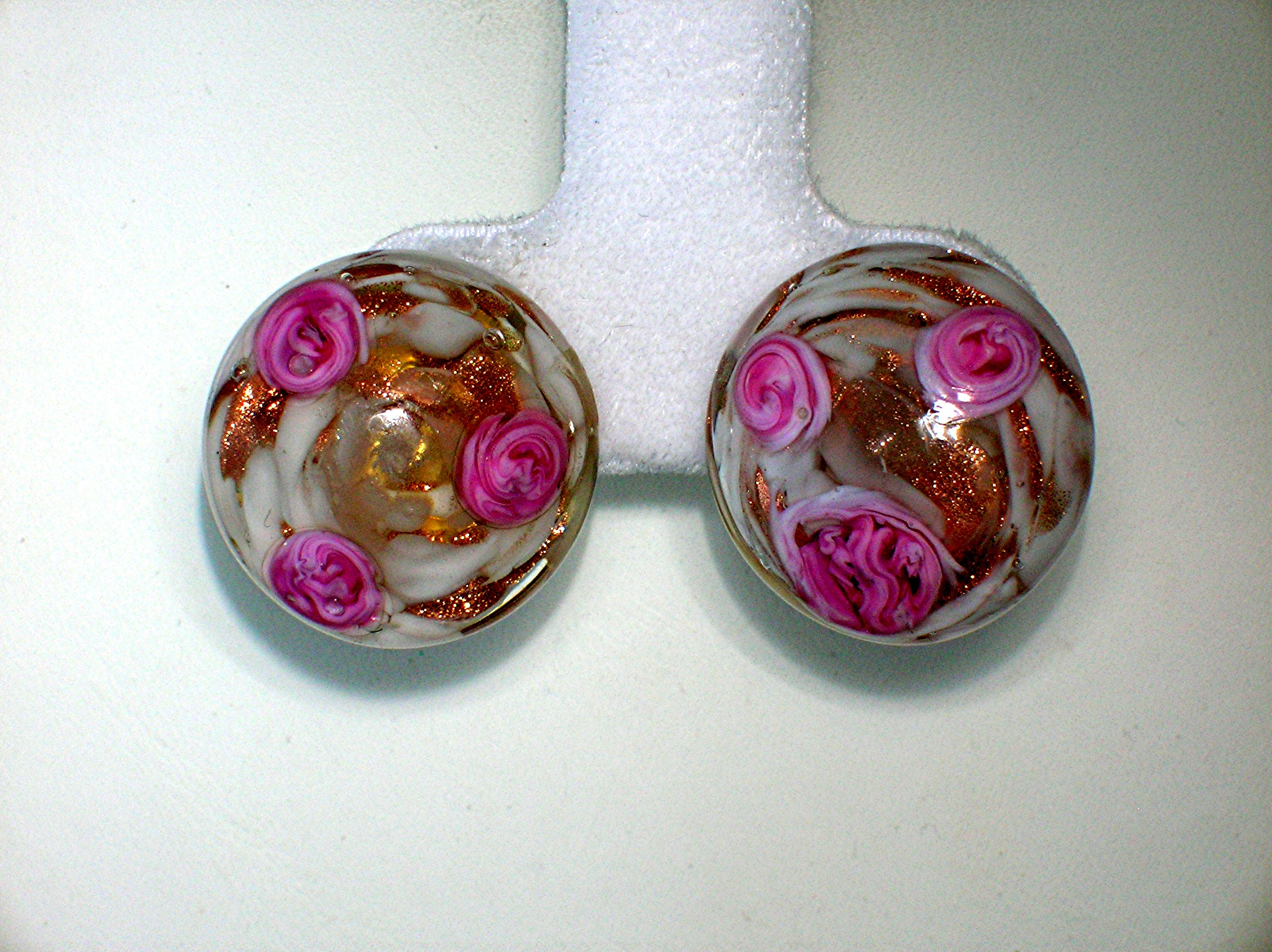 Clip Earrings Venetian Glass Pink Roses