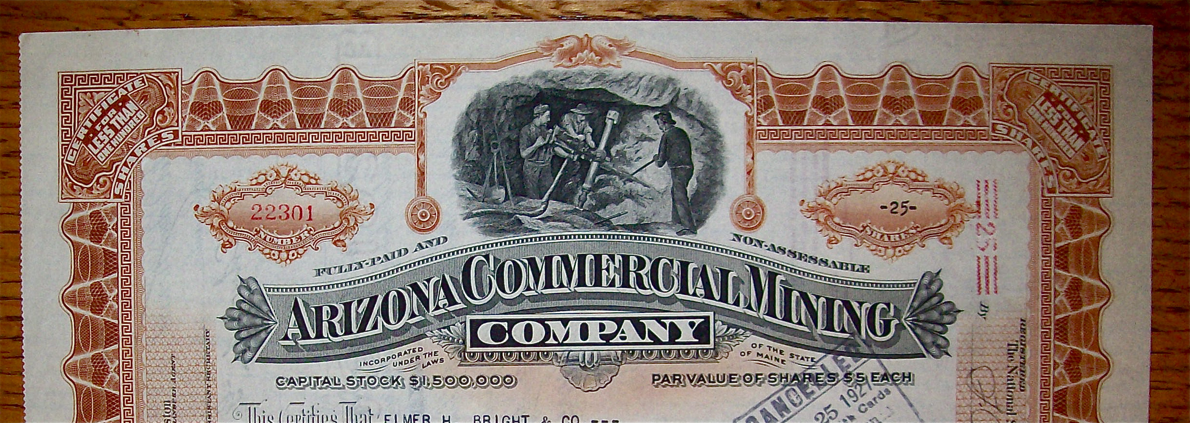1927 Arizona Commercial Mining Co Stock Certificate