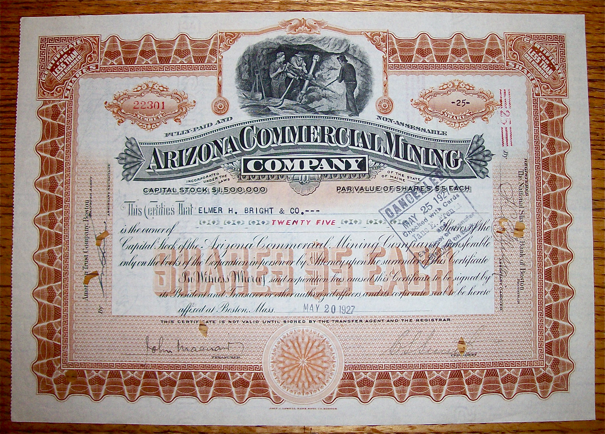 1927 Arizona Commercial Mining Co Stock Certificate