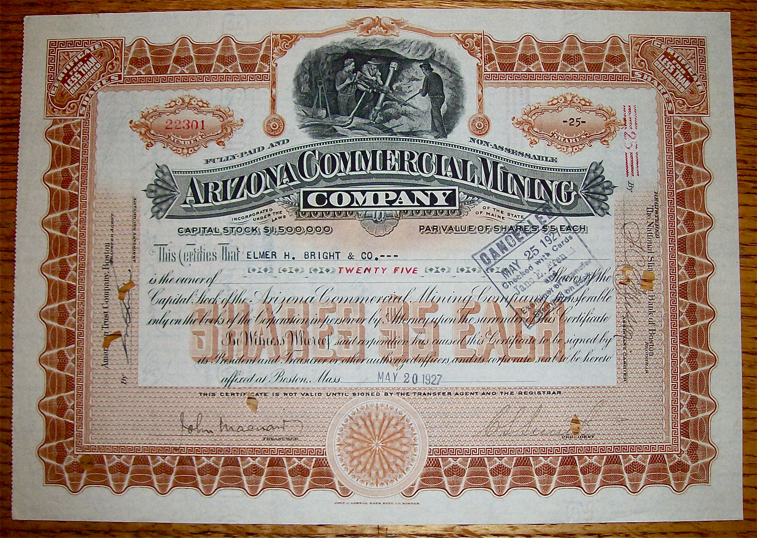 1927 Arizona Commercial Mining Co Stock Certificate