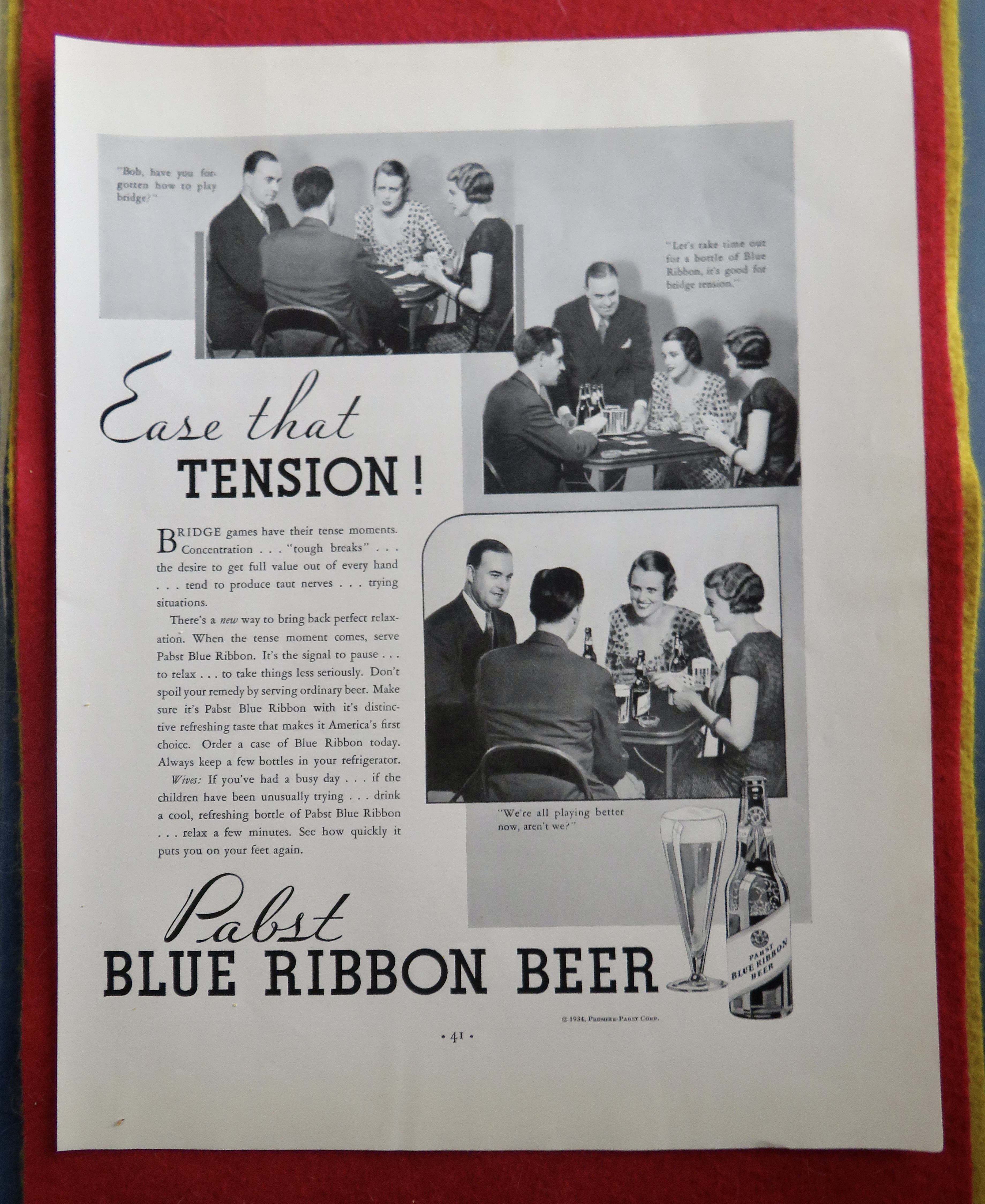 1934 Pabst Blue Ribbon Beer with Couples Playing Bridge
