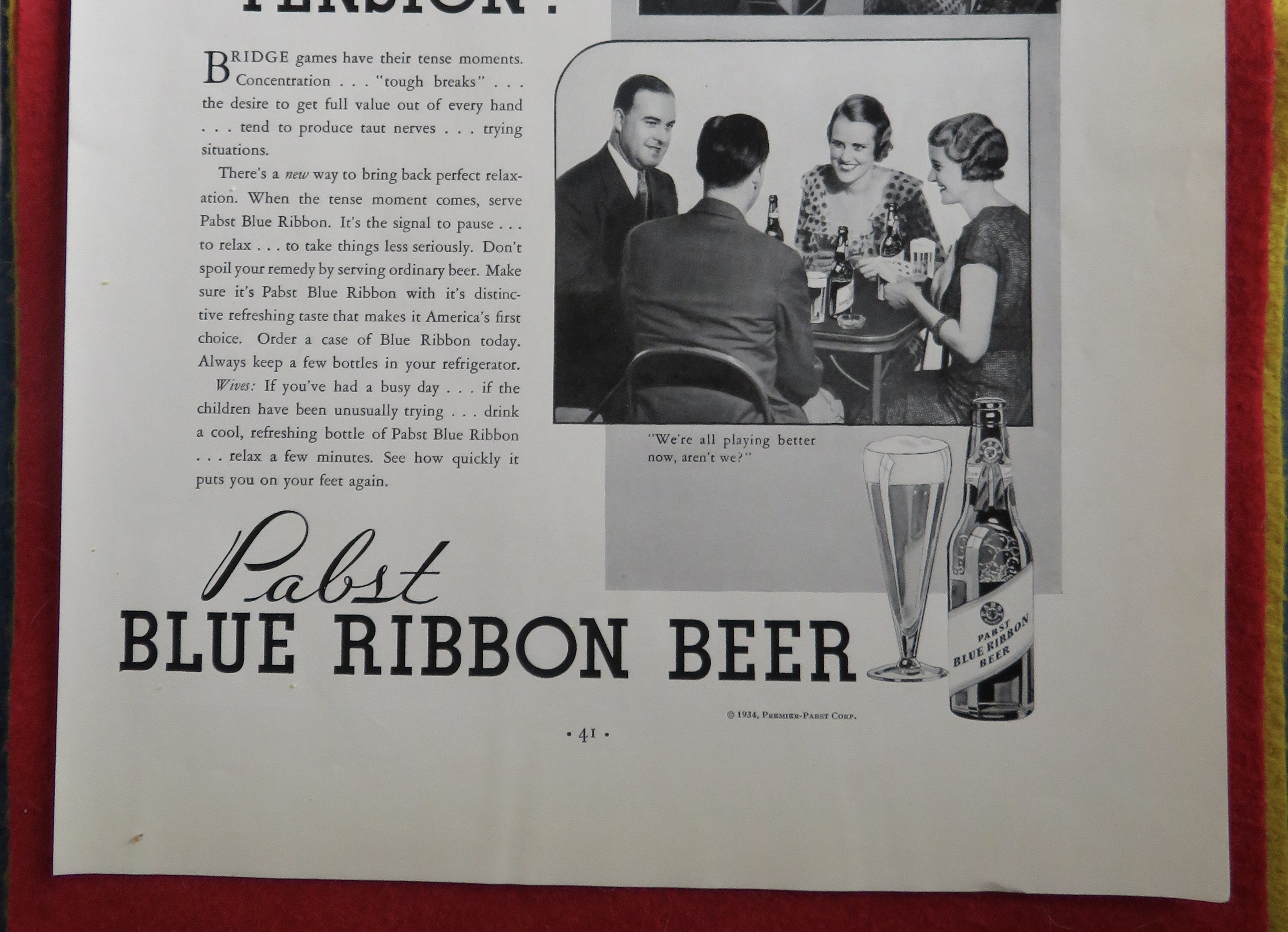 1934 Pabst Blue Ribbon Beer with Couples Playing Bridge