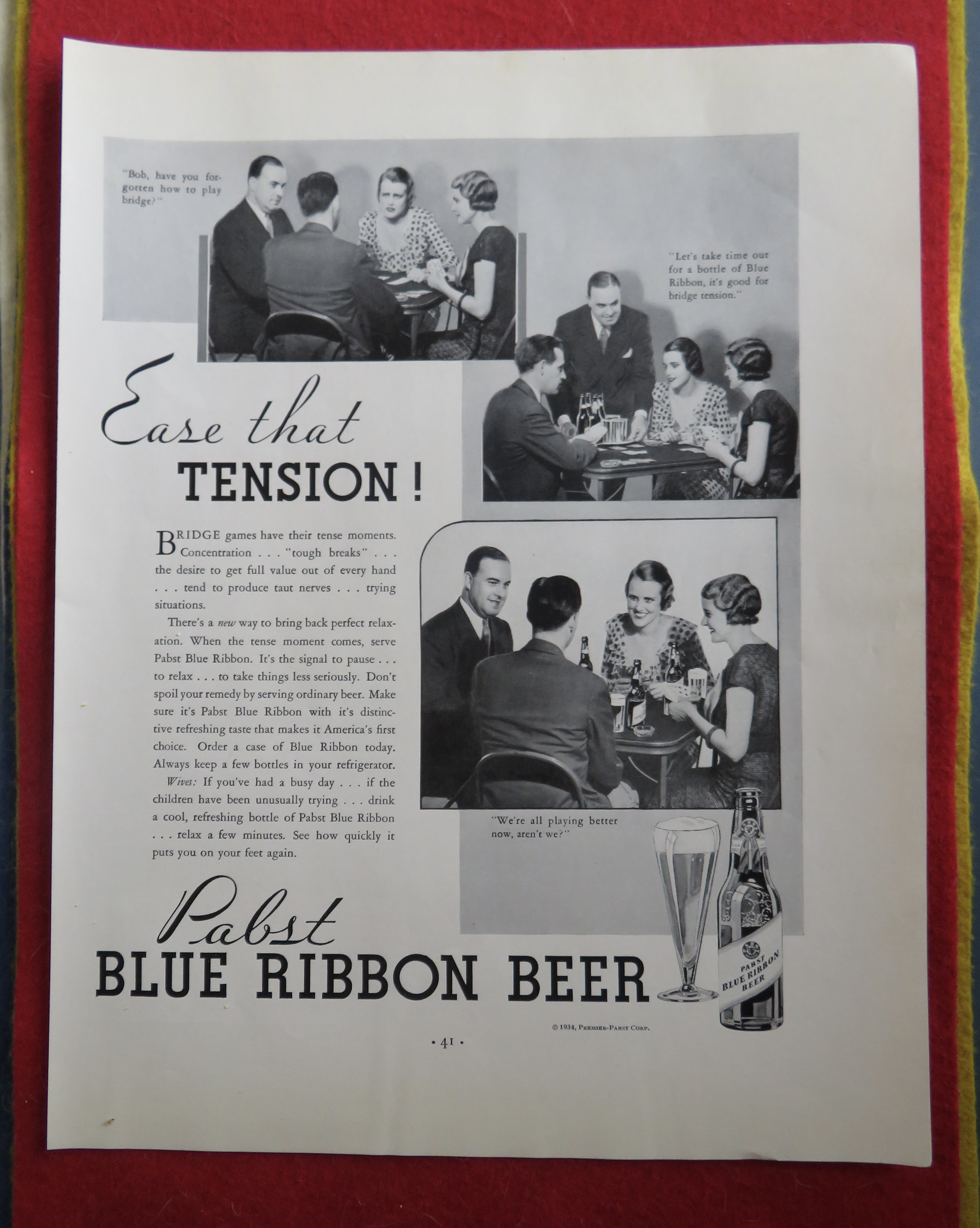 1934 Pabst Blue Ribbon Beer with Couples Playing Bridge