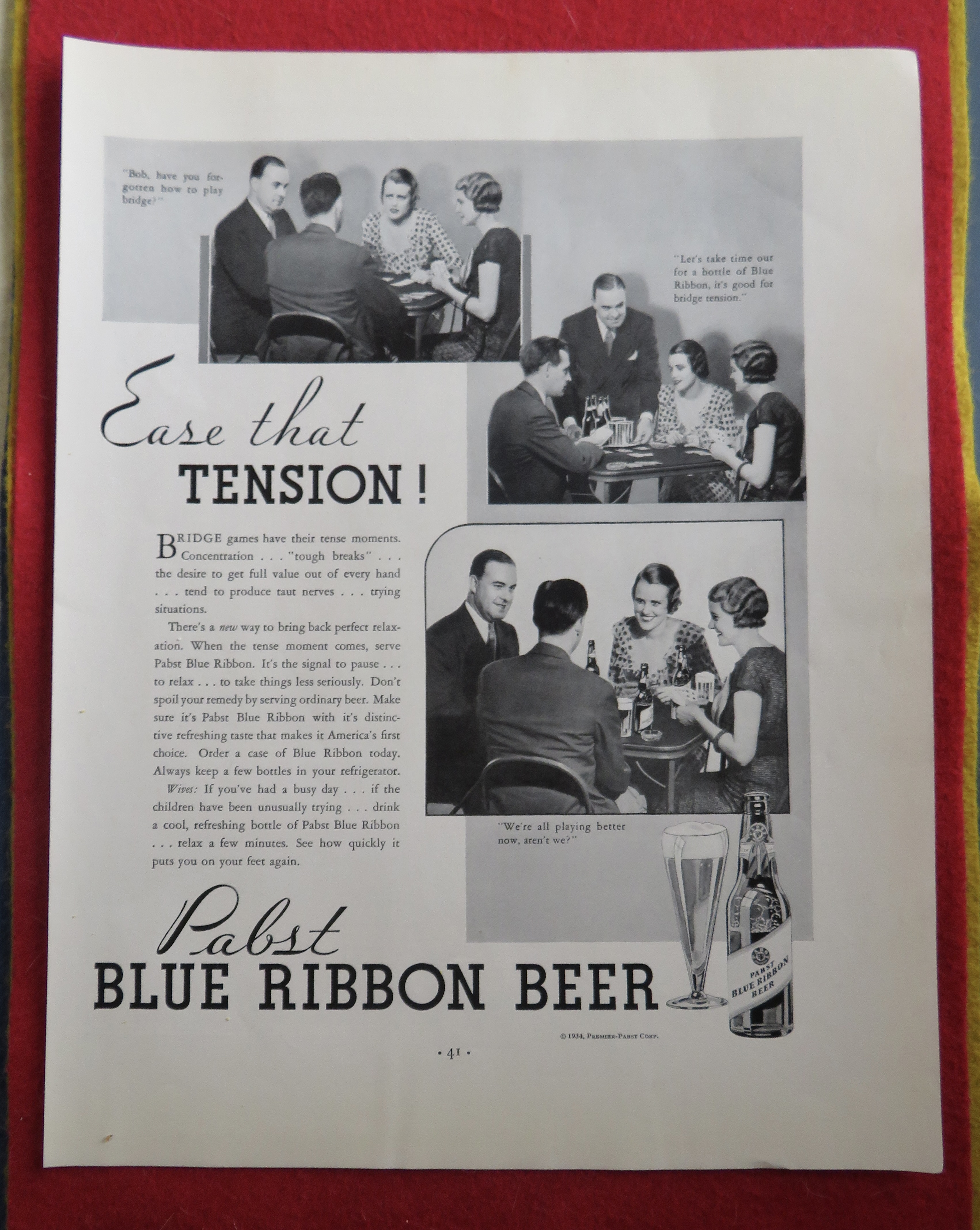 1934 Pabst Blue Ribbon Beer with Couples Playing Bridge