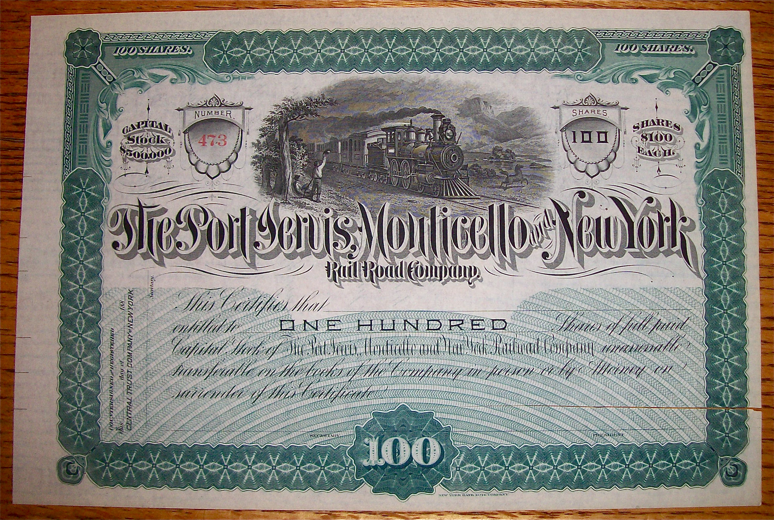 1880 Port, Jervis, Monticello & New York 100 Shares