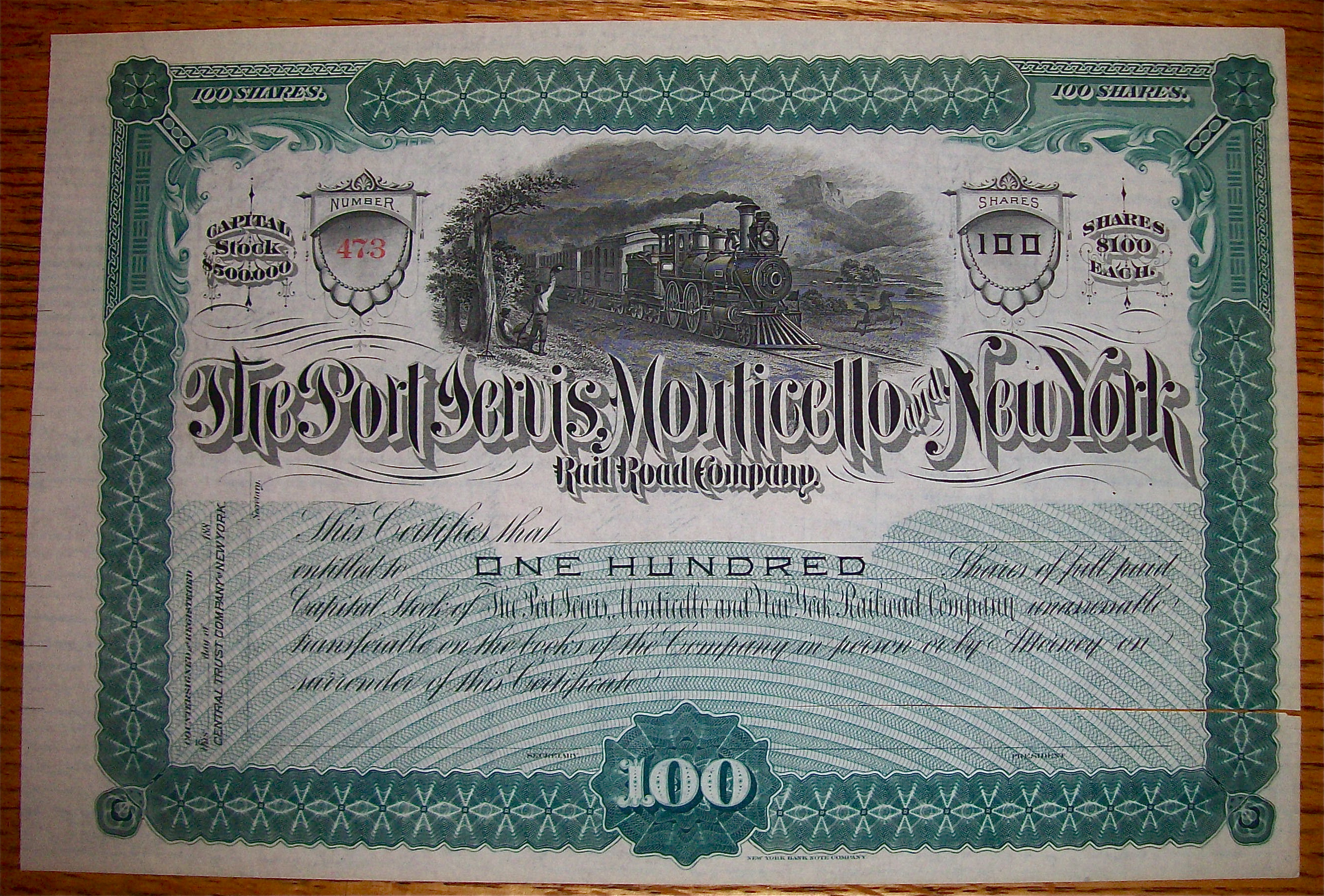 1880 Port, Jervis, Monticello & New York 100 Shares