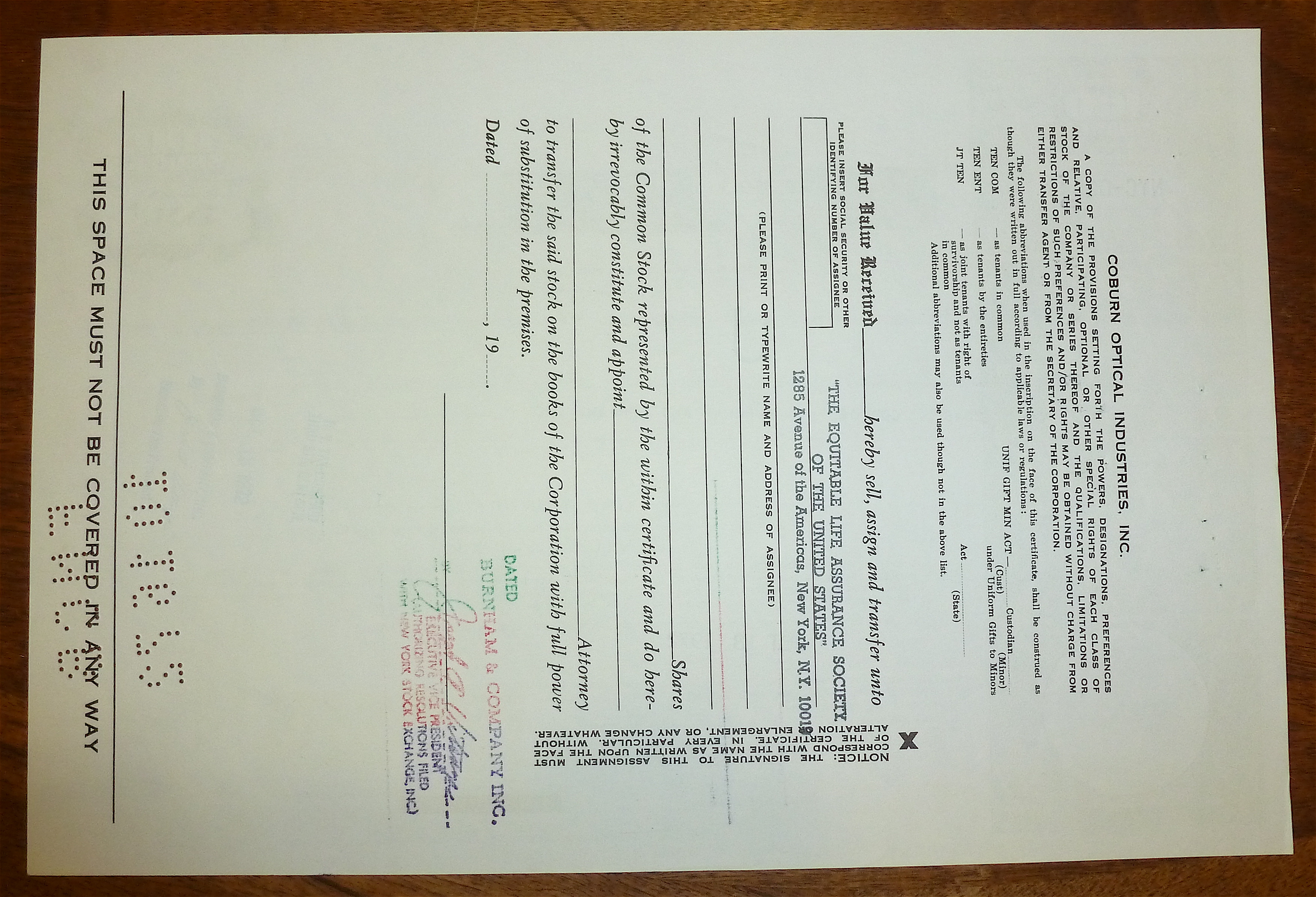 1972 Coburn Industries Inc. Stock Certificate