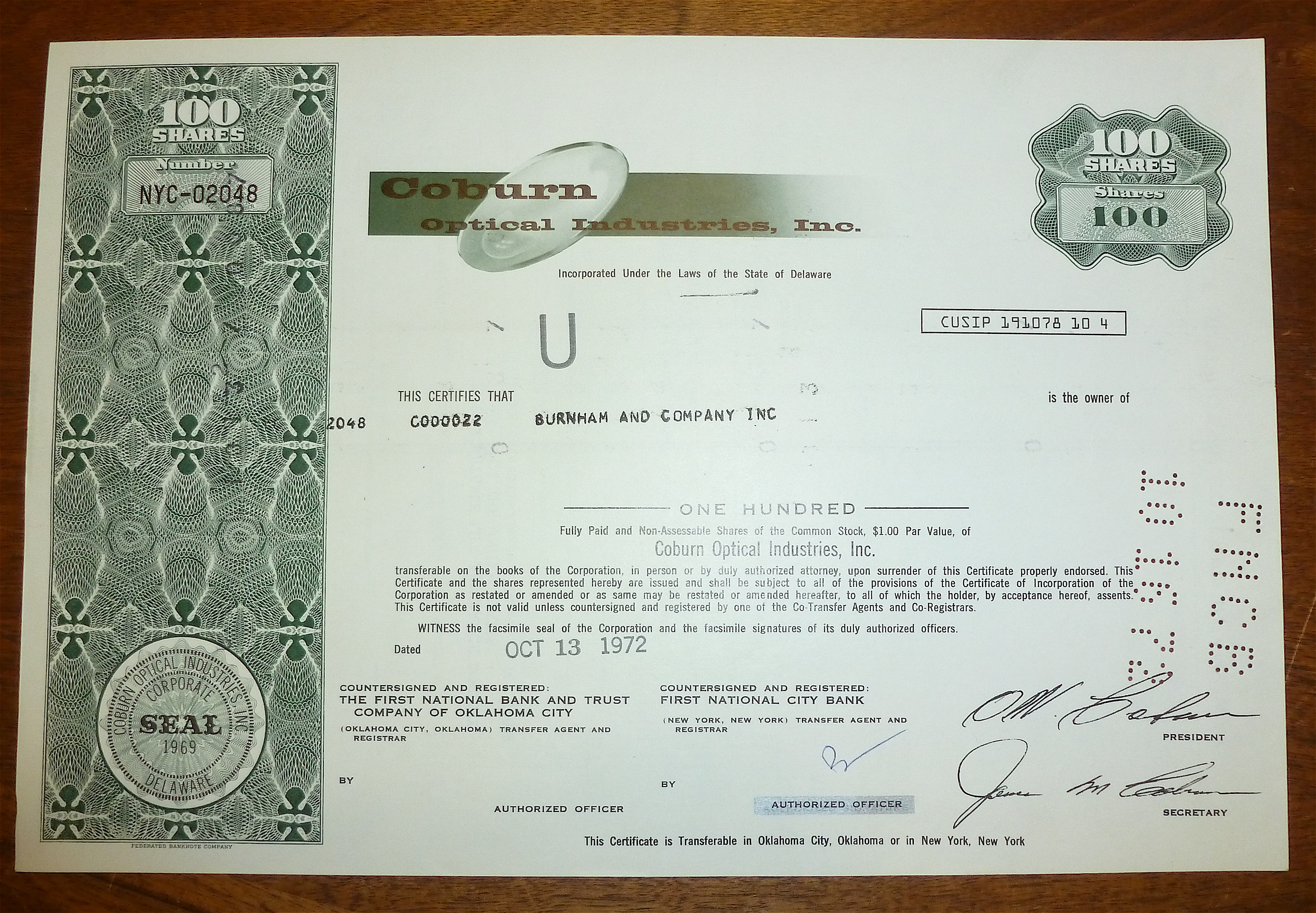1972 Coburn Industries Inc. Stock Certificate