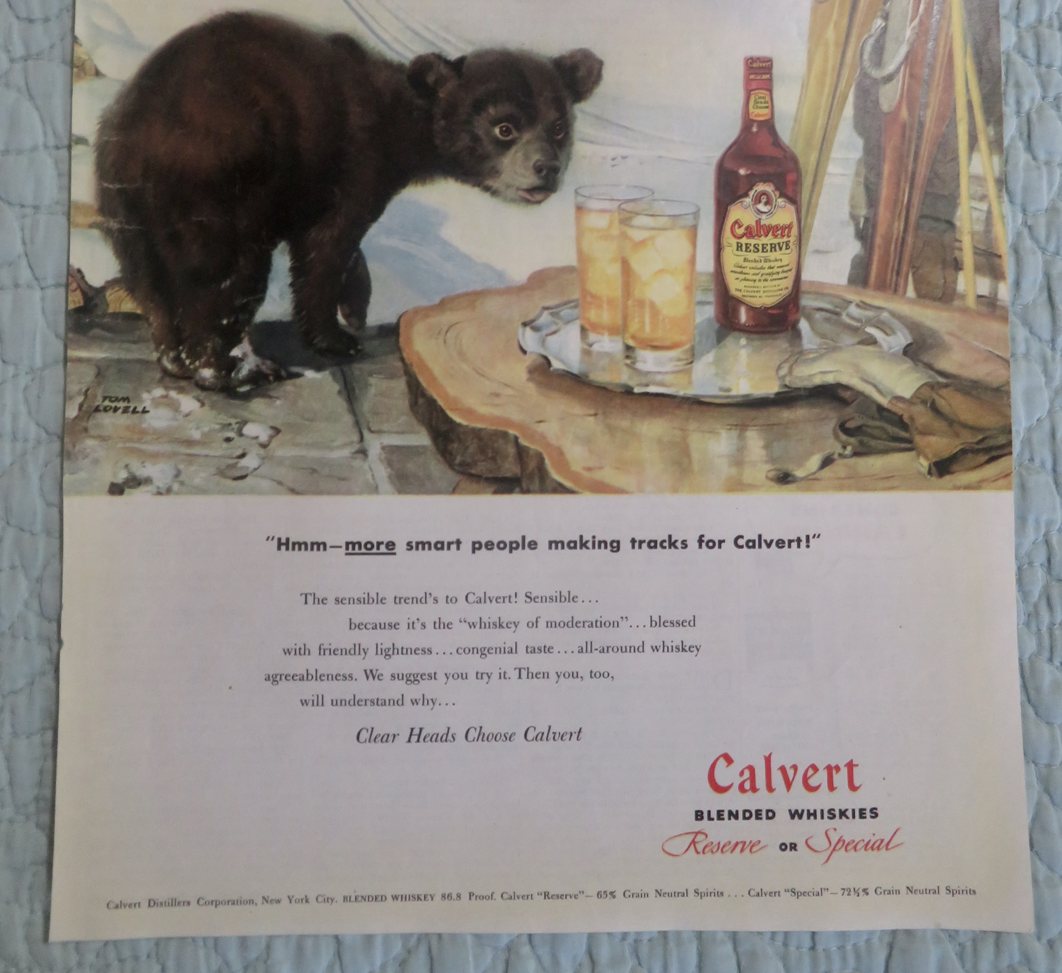 1947 Calvert Whiskey with Bear Looking At Drinks