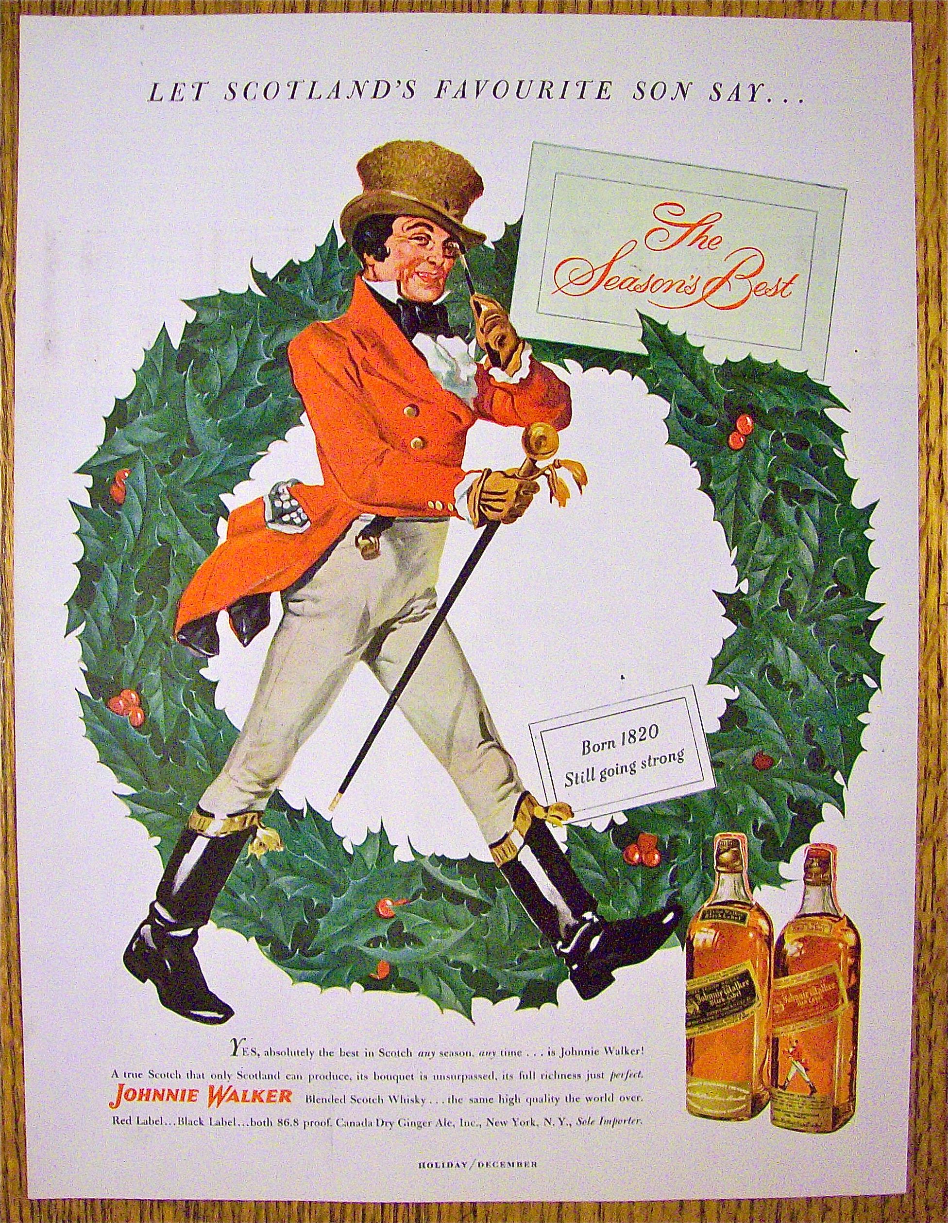 1949 Johnnie Walker Whiskey with Red Coat By Wreath