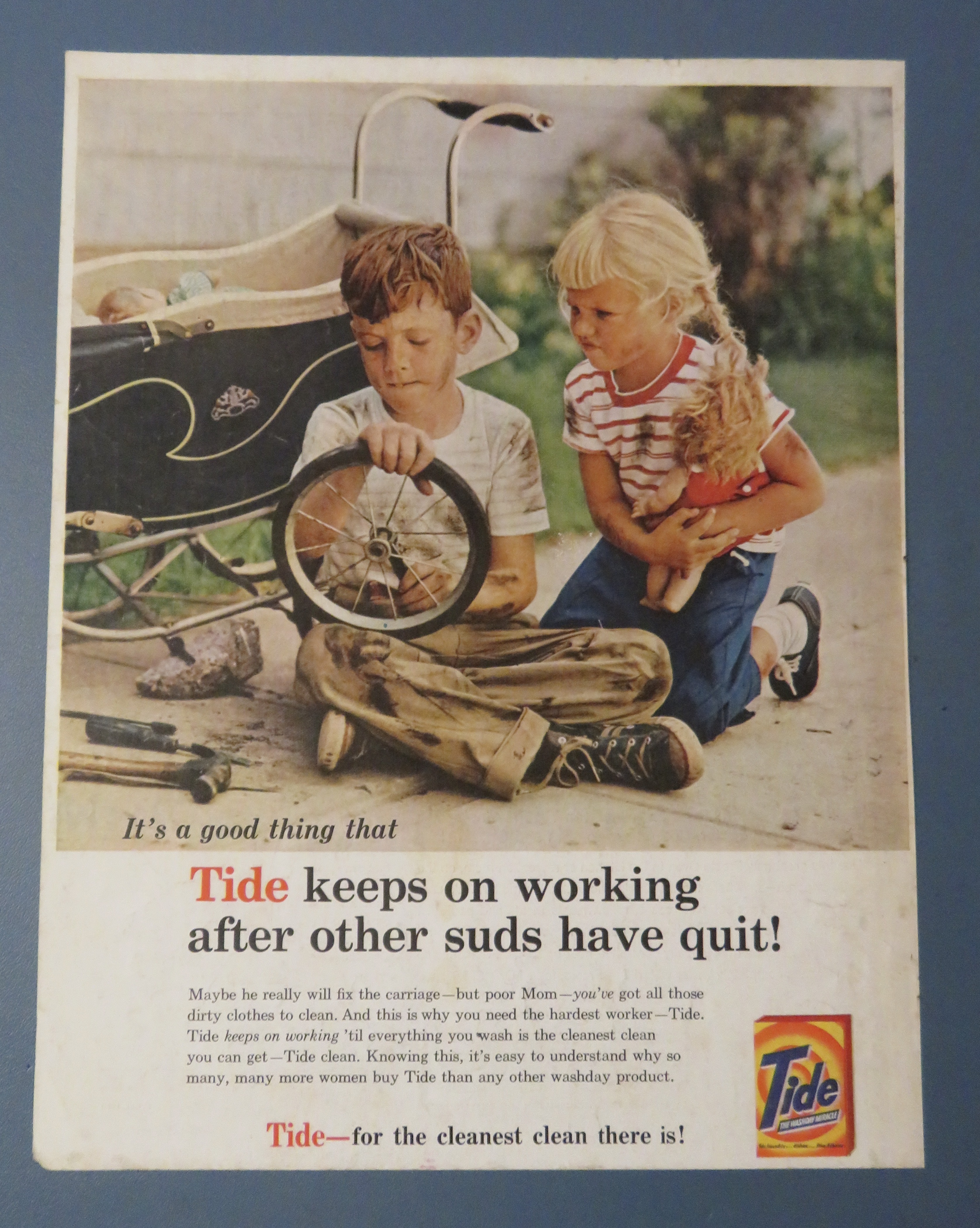1960 Tide Detergent w/ Boy Fixing Girl's Doll Stroller