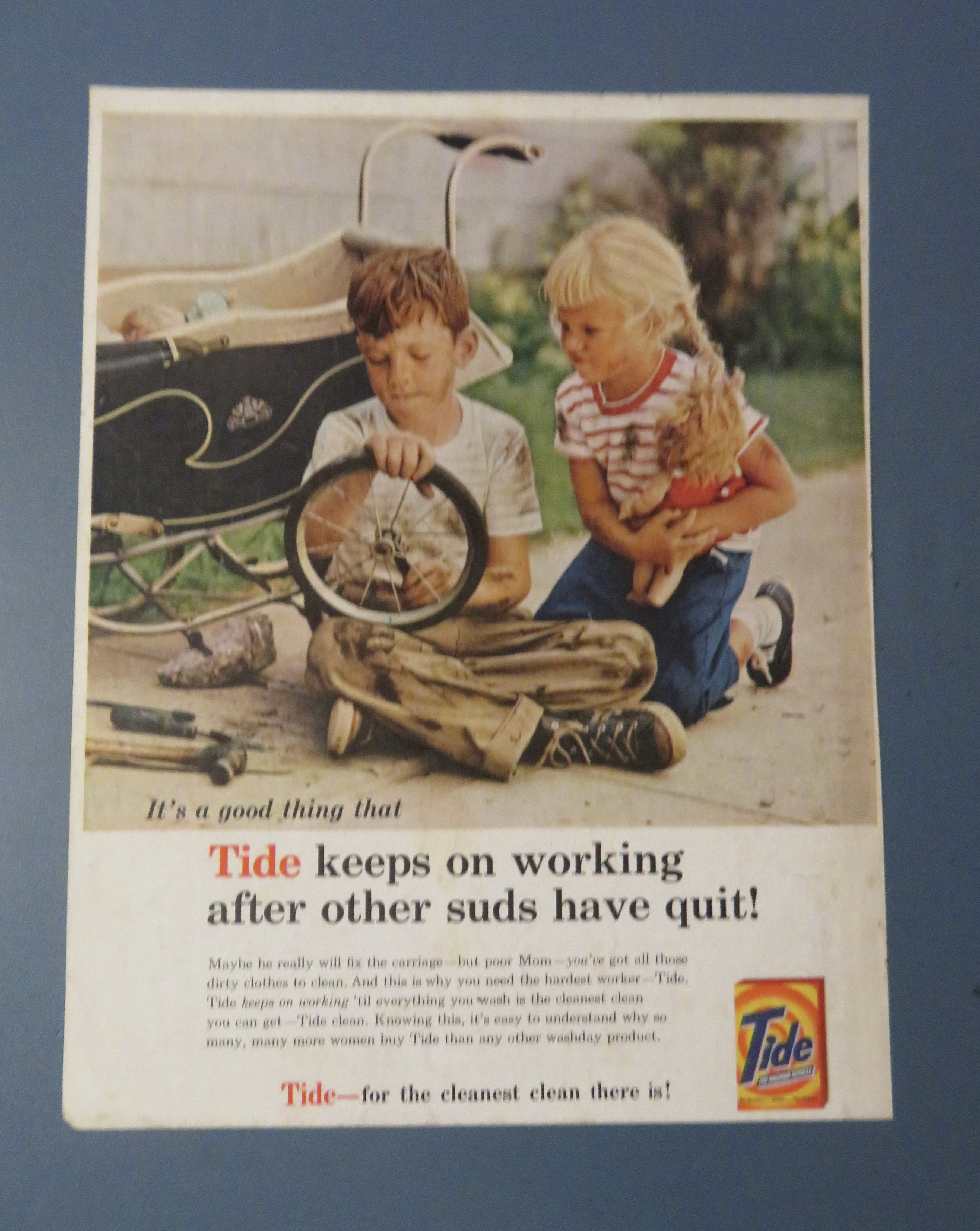 1960 Tide Detergent w/ Boy Fixing Girl's Doll Stroller