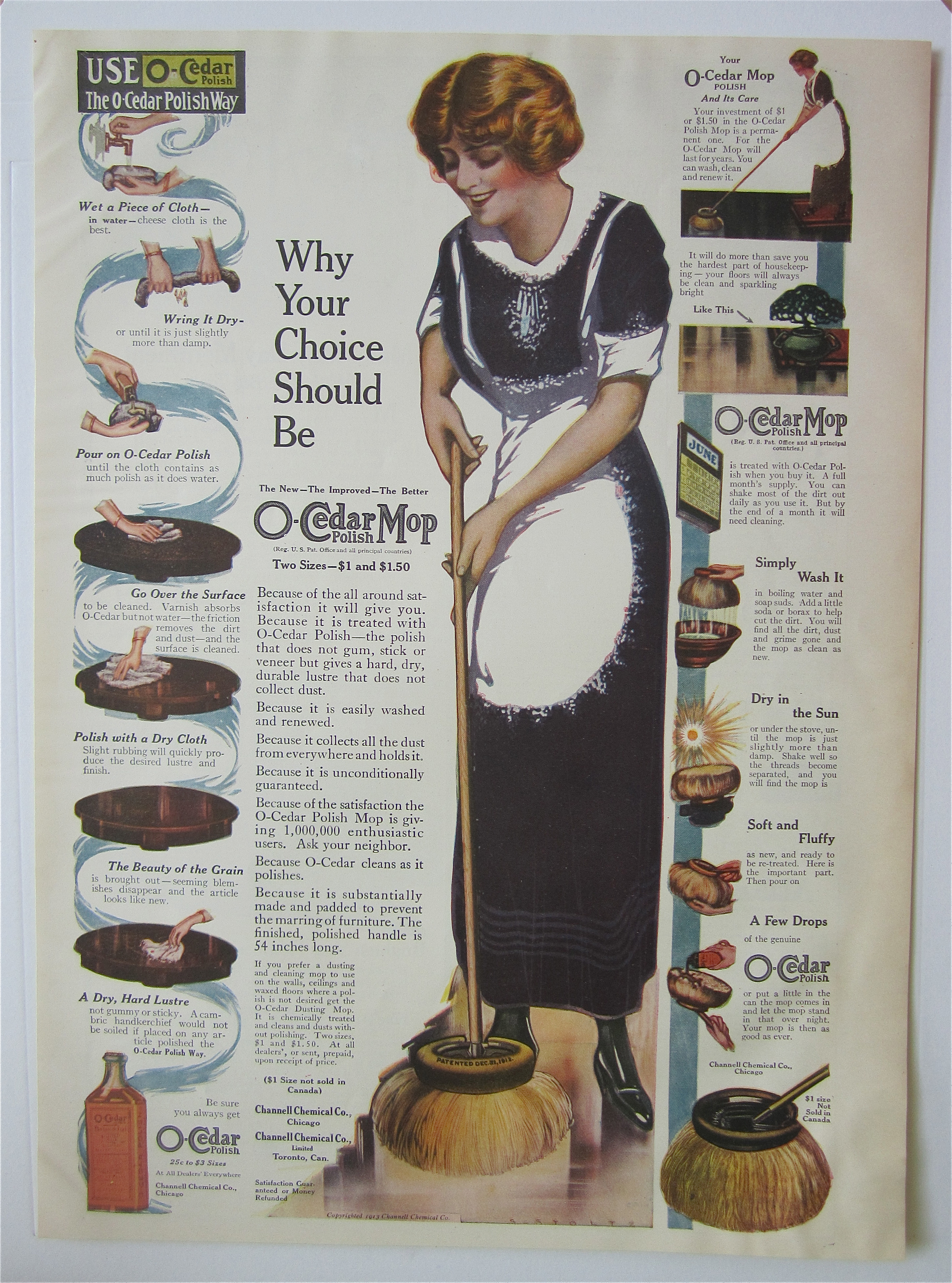 1914 O-Cedar Polish Mop with Woman Cleaning