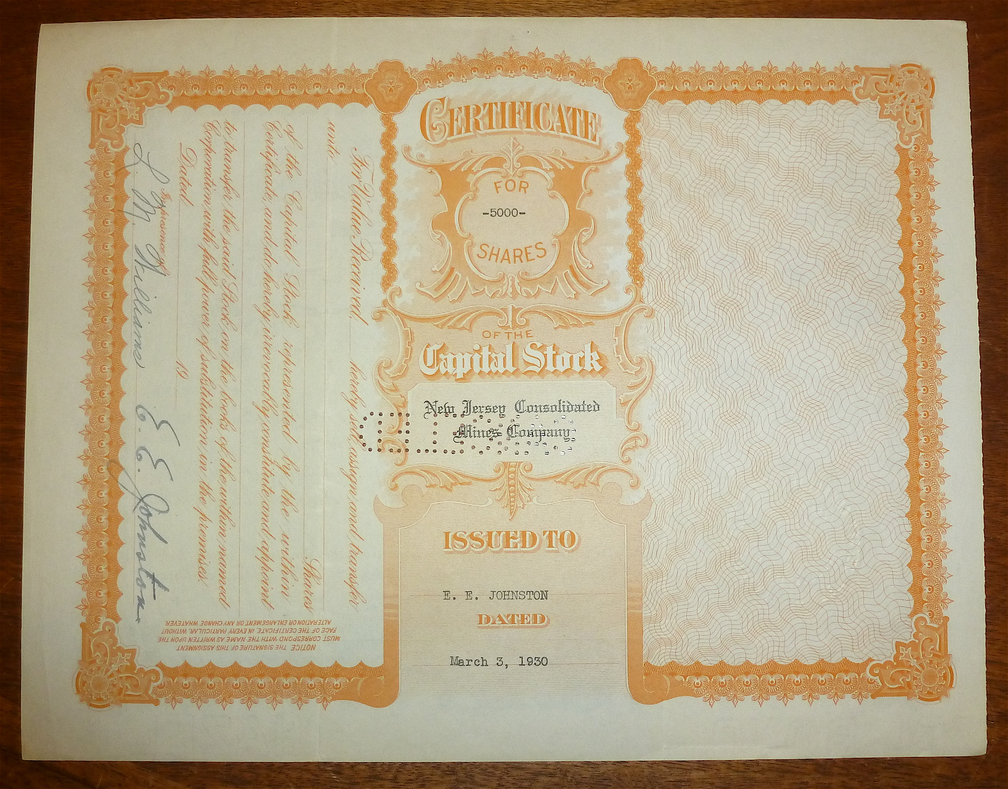 1930 New Jersey Consolidated Mines Co Stock Certificate
