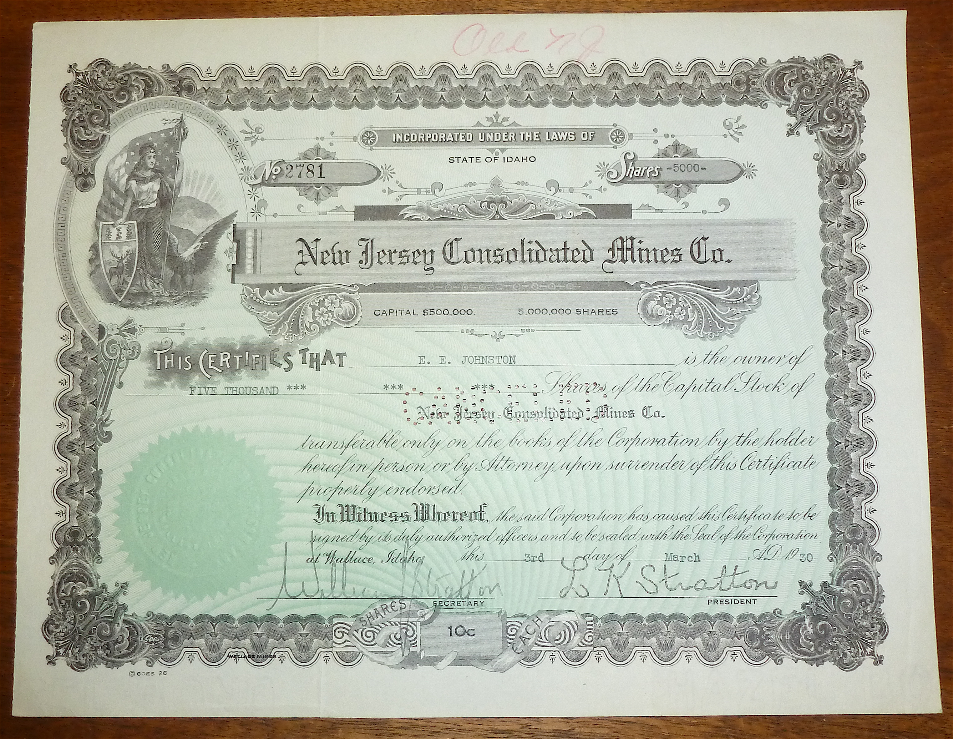 1930 New Jersey Consolidated Mines Co Stock Certificate