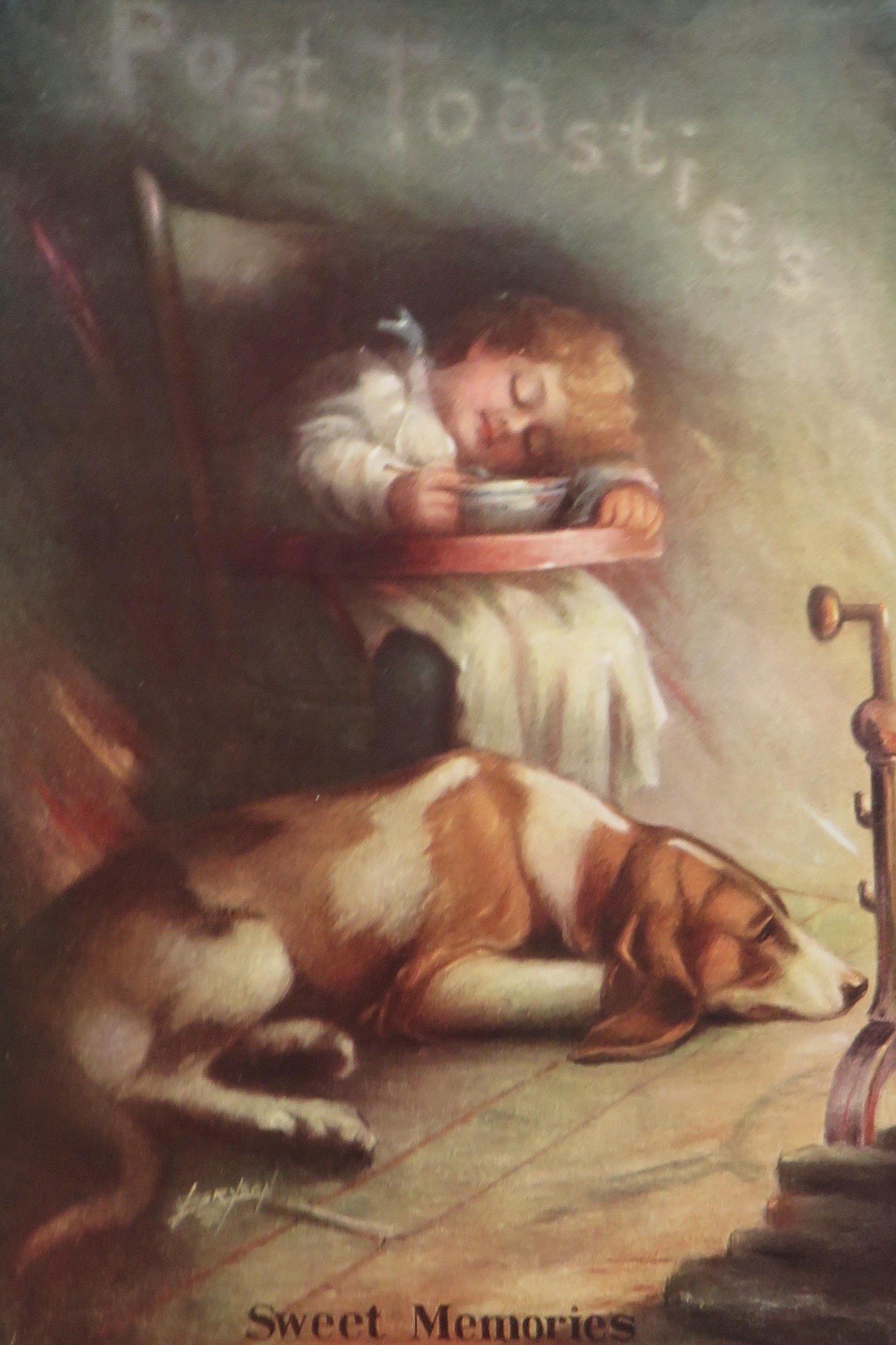 1917 Post Toasties Cereal with Child Sleeping in Chair