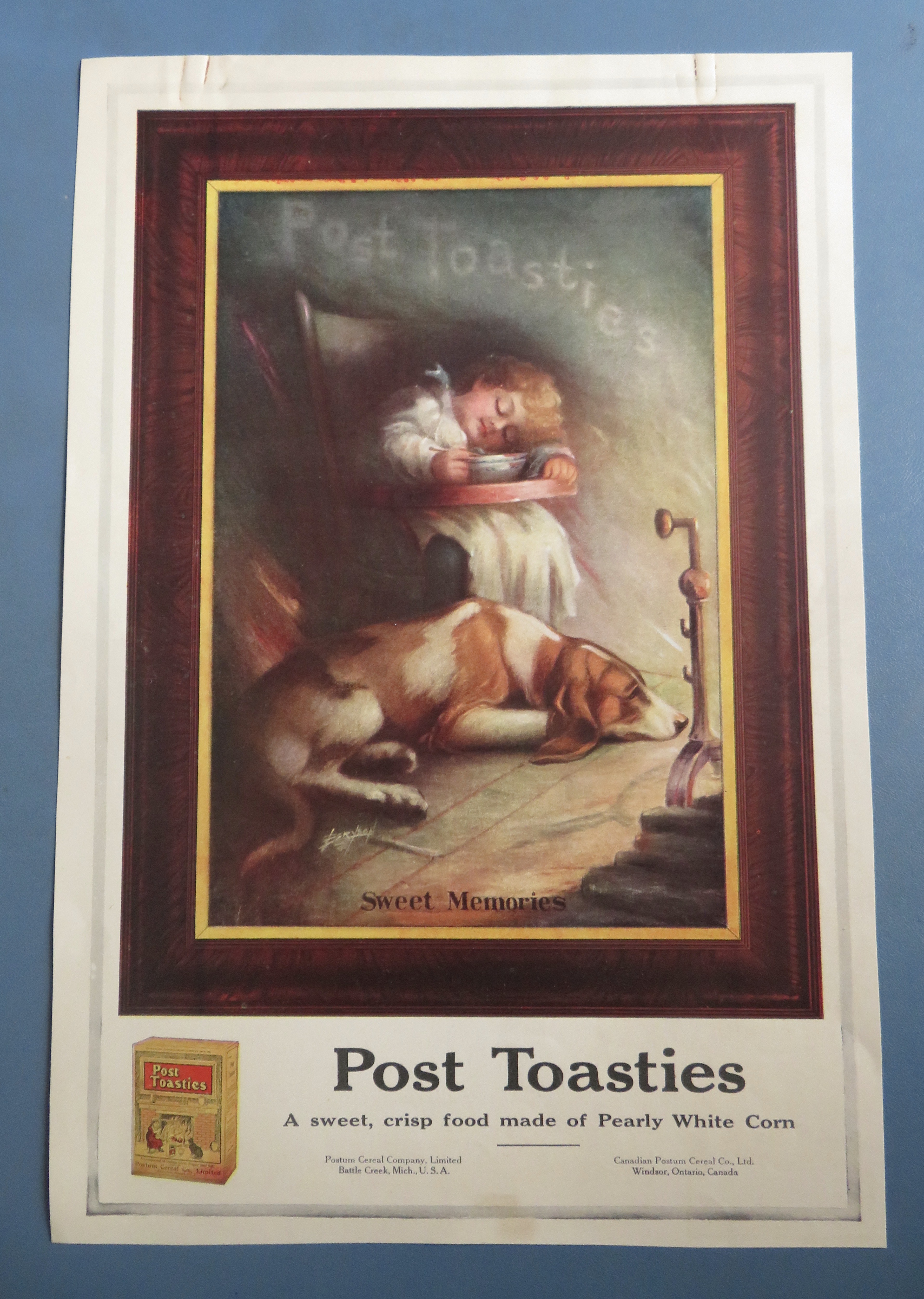 1917 Post Toasties Cereal with Child Sleeping in Chair