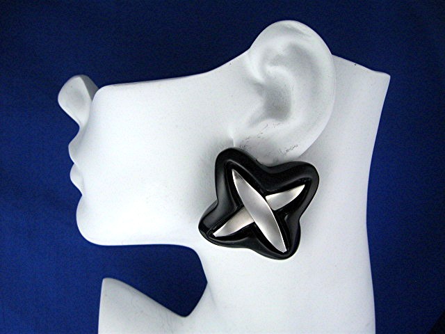 Lucite Black and Silver Clip Earrings Vintage