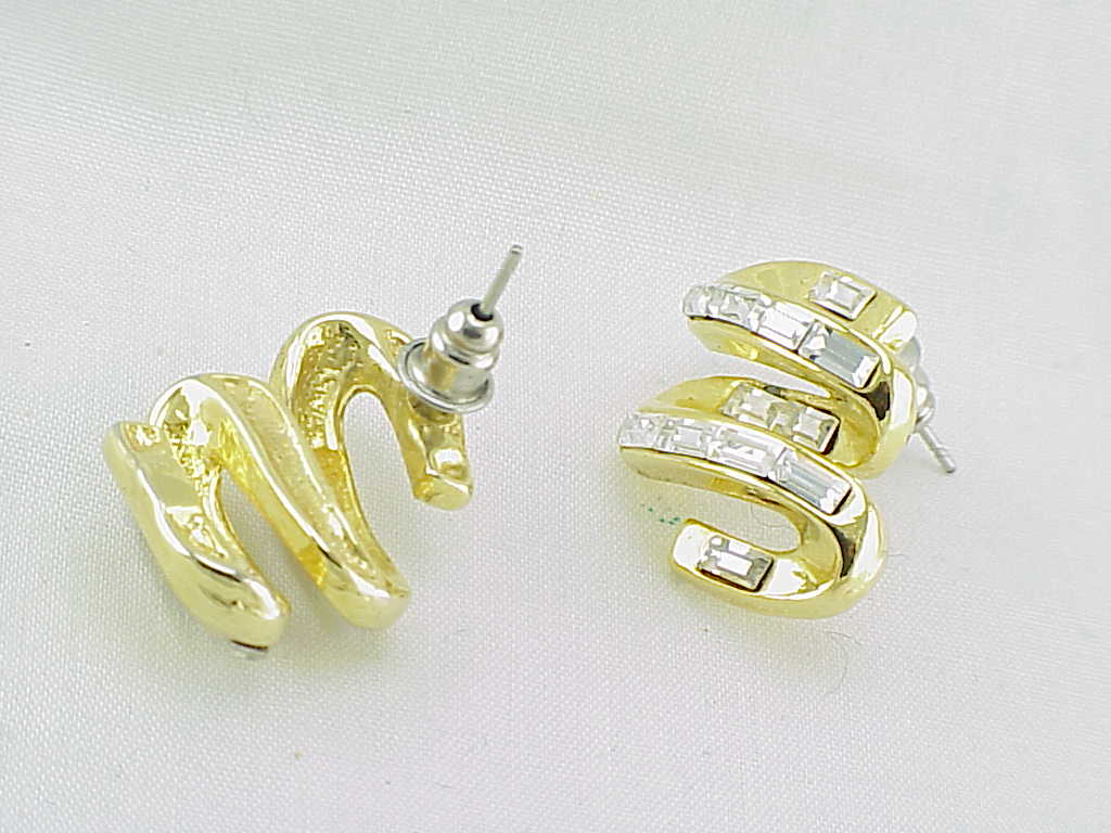 Clear Rhinestone Baguette Gold Tone Swirl Pierced Earrings