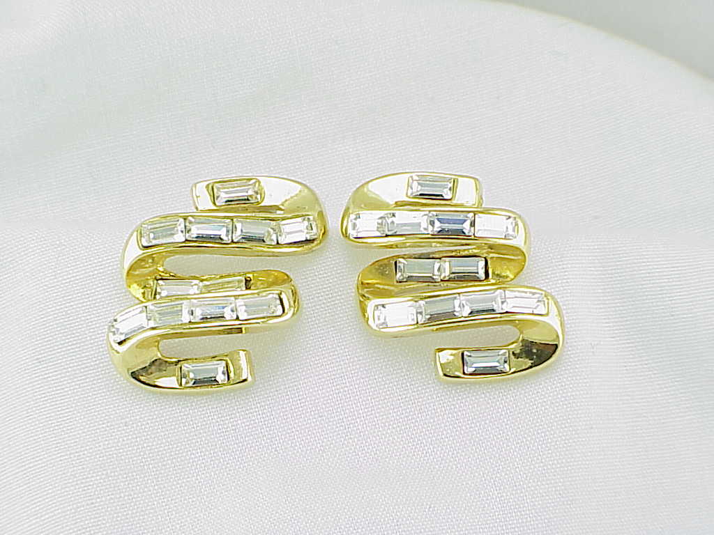 Clear Rhinestone Baguette Gold Tone Swirl Pierced Earrings