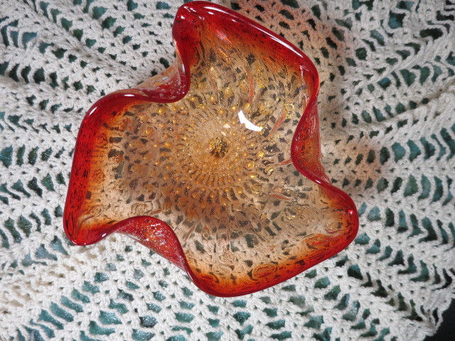 Vintage Murano Bowl Ashtray Red Gold Yellow Clear Silver