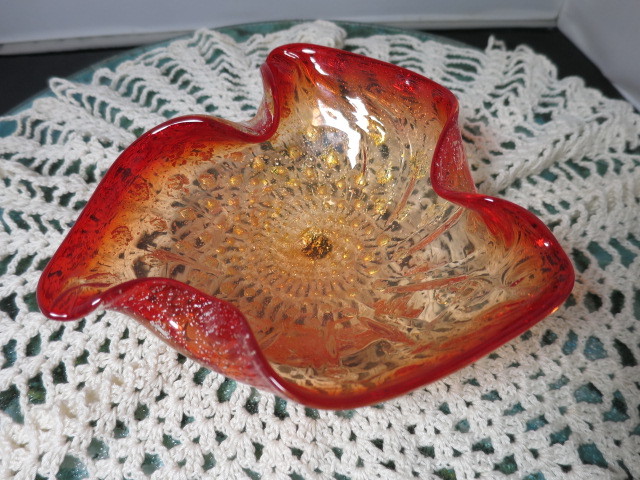 Vintage Murano Bowl Ashtray Red Gold Yellow Clear Silver