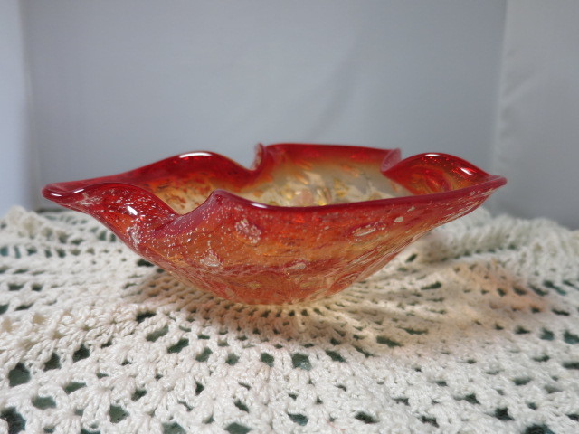 Vintage Murano Bowl Ashtray Red Gold Yellow Clear Silver