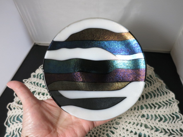 Blown Cased Psychedelic Abstract Bowl Blue Purple White metallic