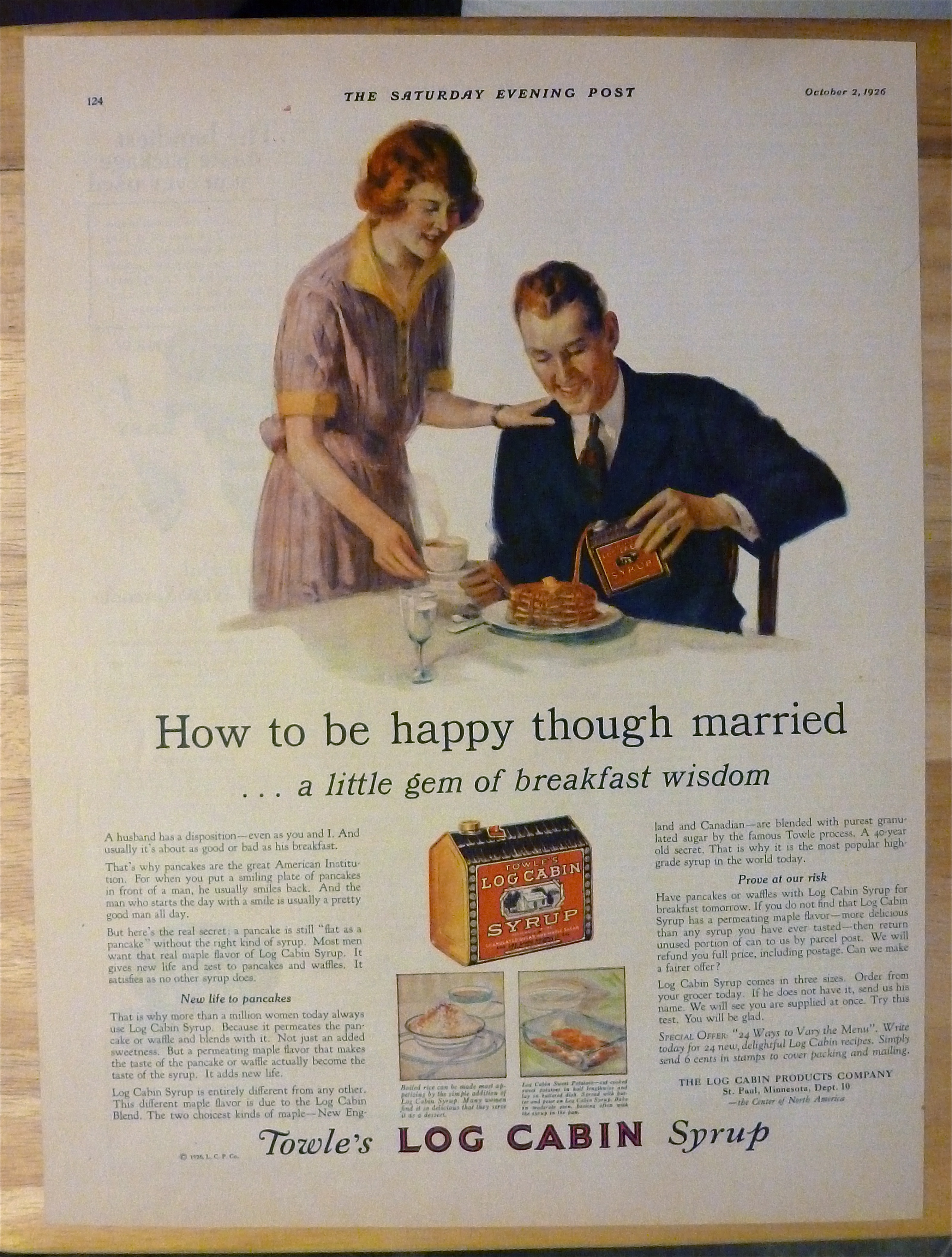 1926 Log Cabin Syrup w/Woman Giving Husband Breakfast