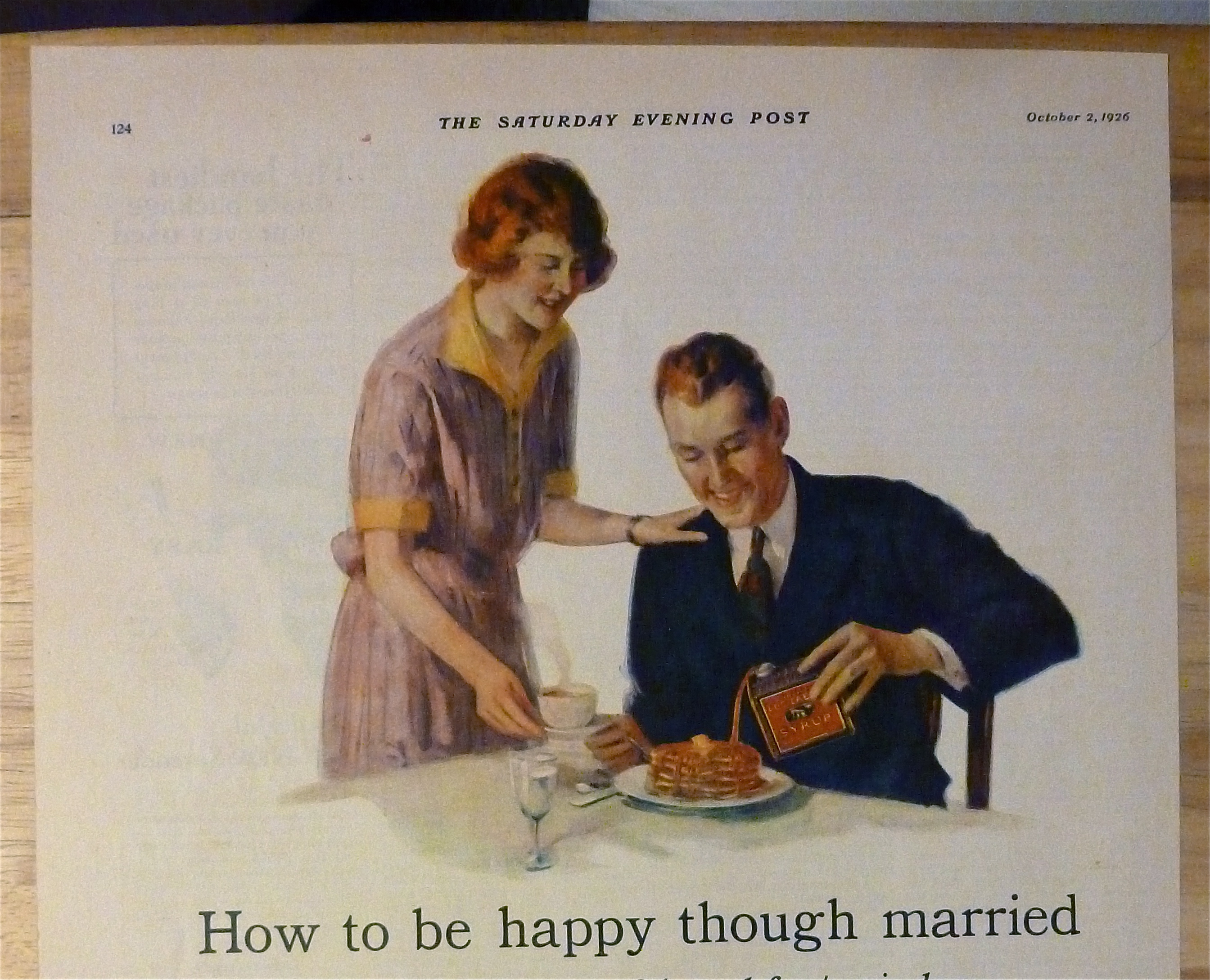 1926 Log Cabin Syrup w/Woman Giving Husband Breakfast