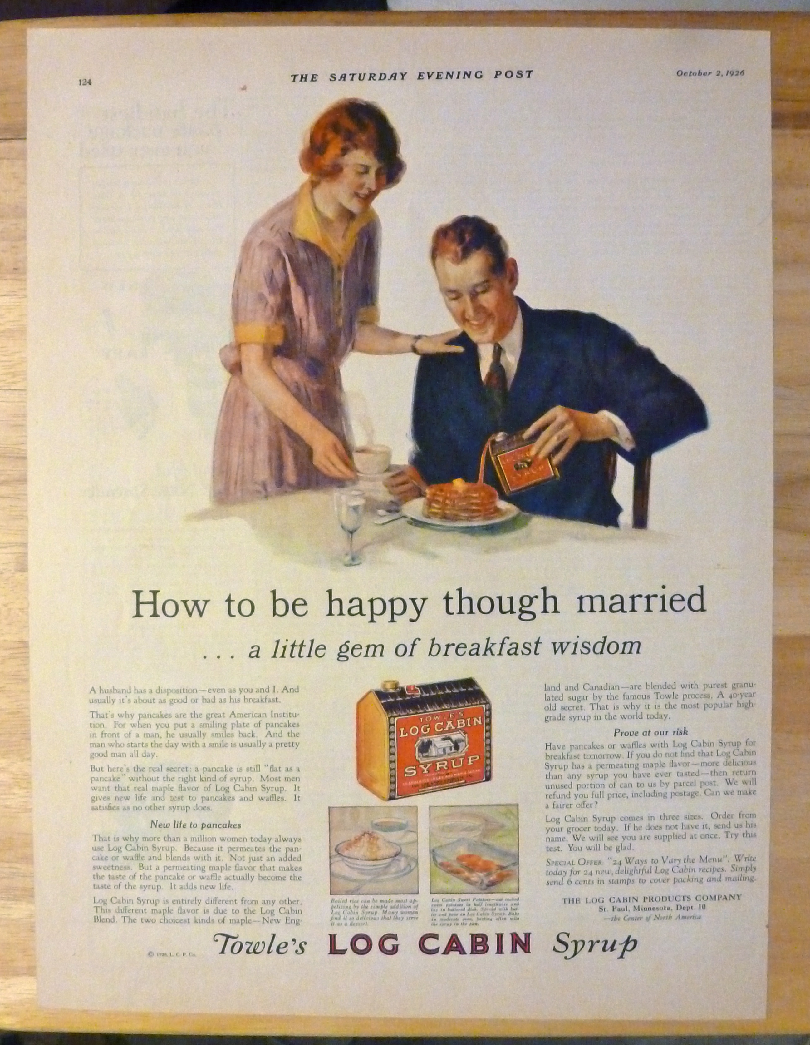 1926 Log Cabin Syrup w/Woman Giving Husband Breakfast