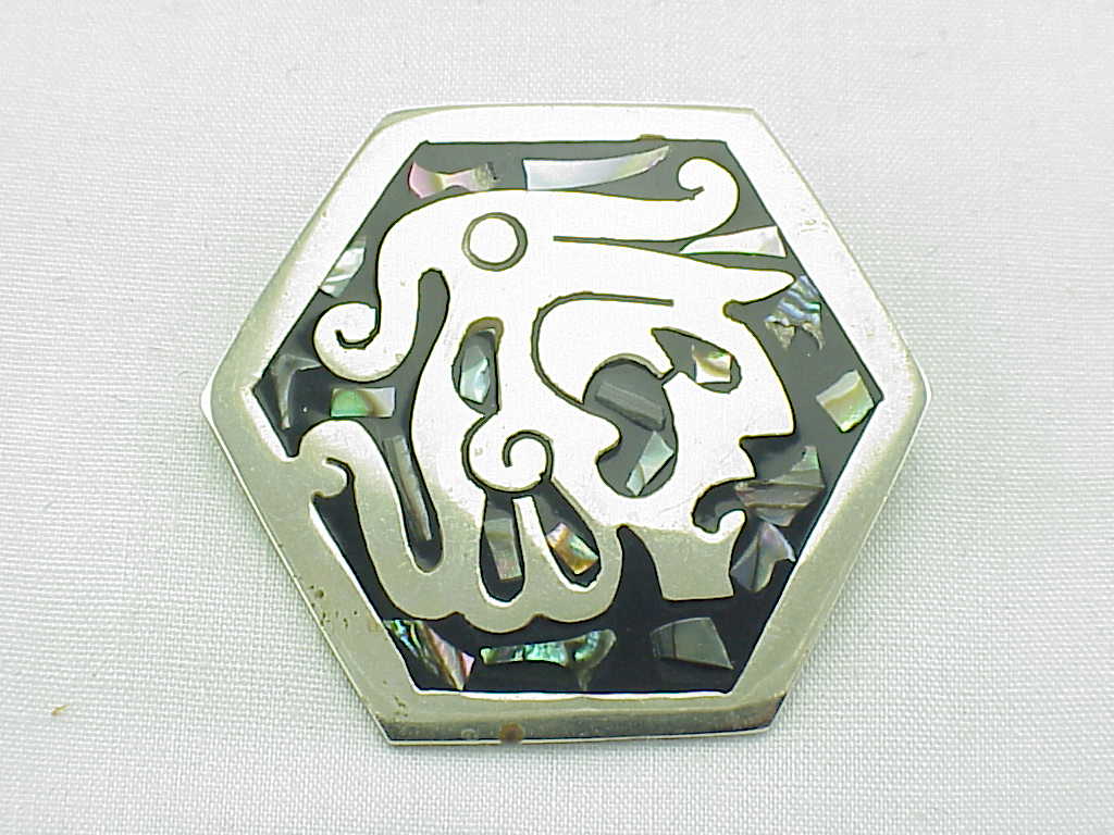 Enamel & Abalone Warrior Silver Brooch Pendant Signed Alpaca, Mexico