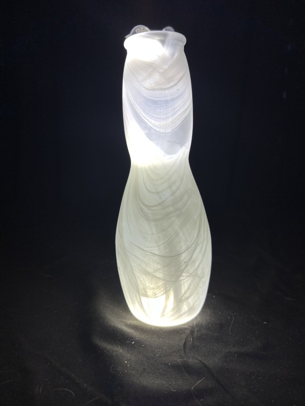 White Slag Glass Bowling Pin Vase 7.5" Mid Century Swirl Art Glass Glow