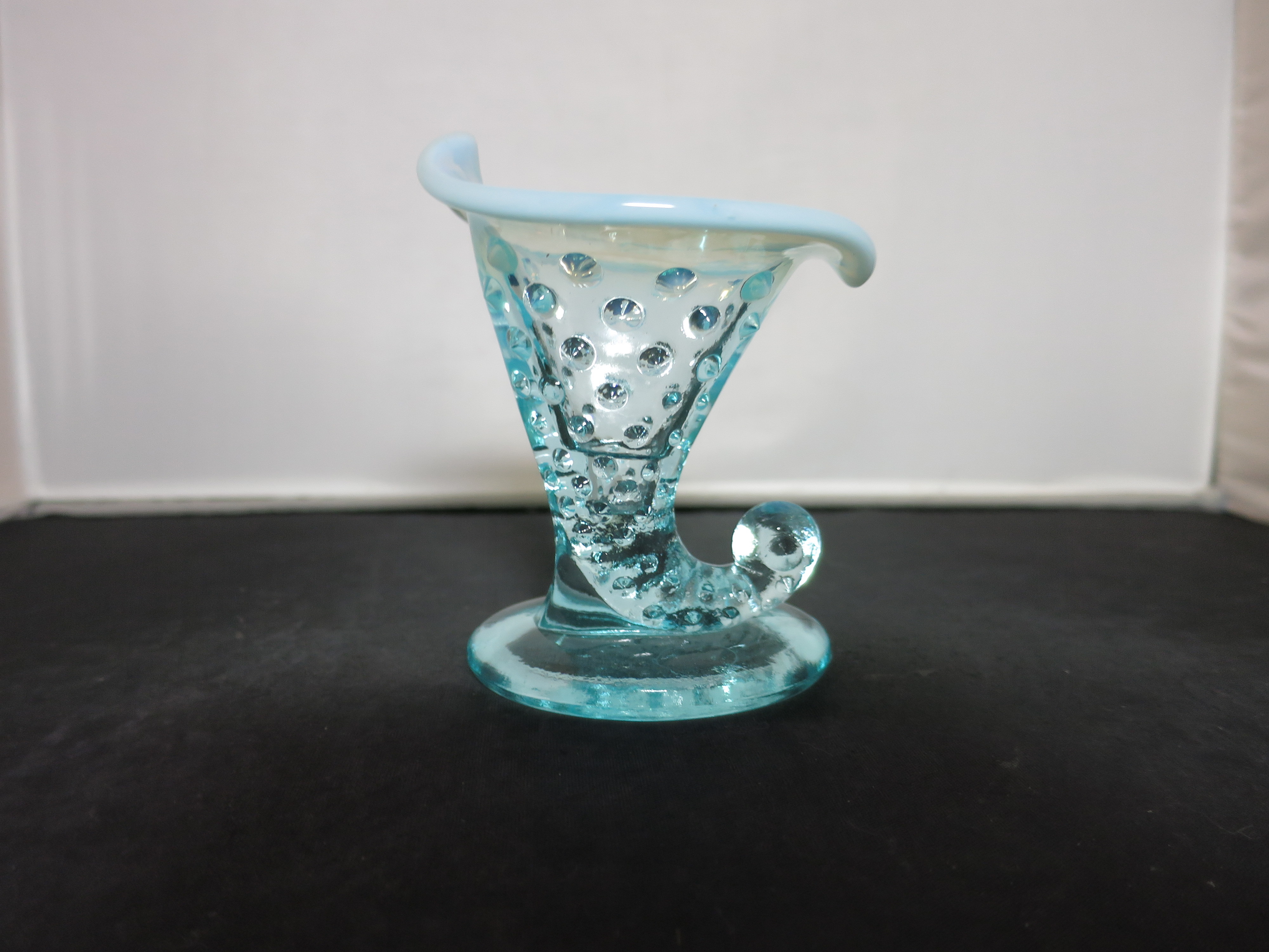 Fenton Blue Opalescent Glass Hobnail Cornucopia Vase