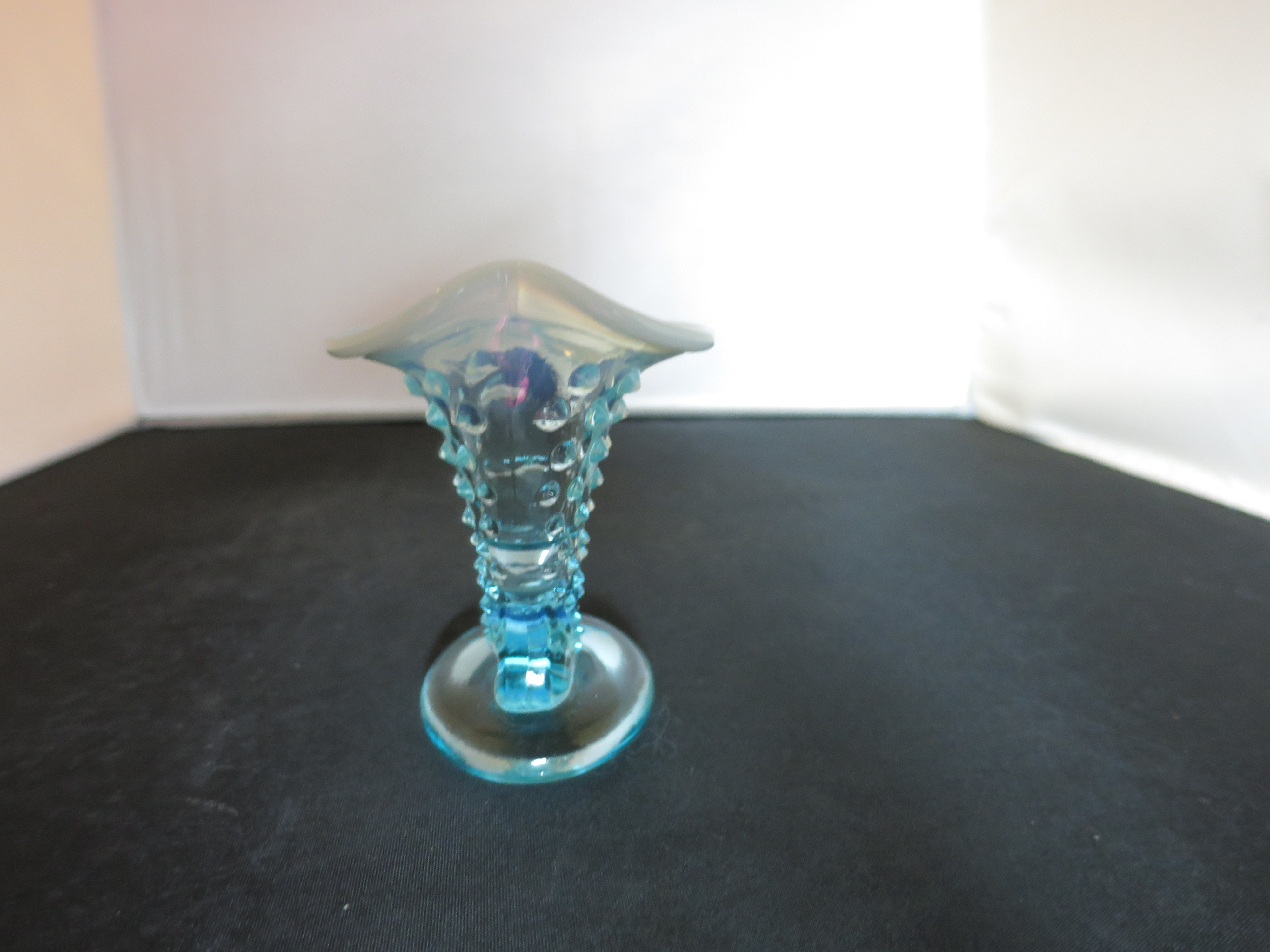 Fenton Blue Opalescent Glass Hobnail Cornucopia Vase