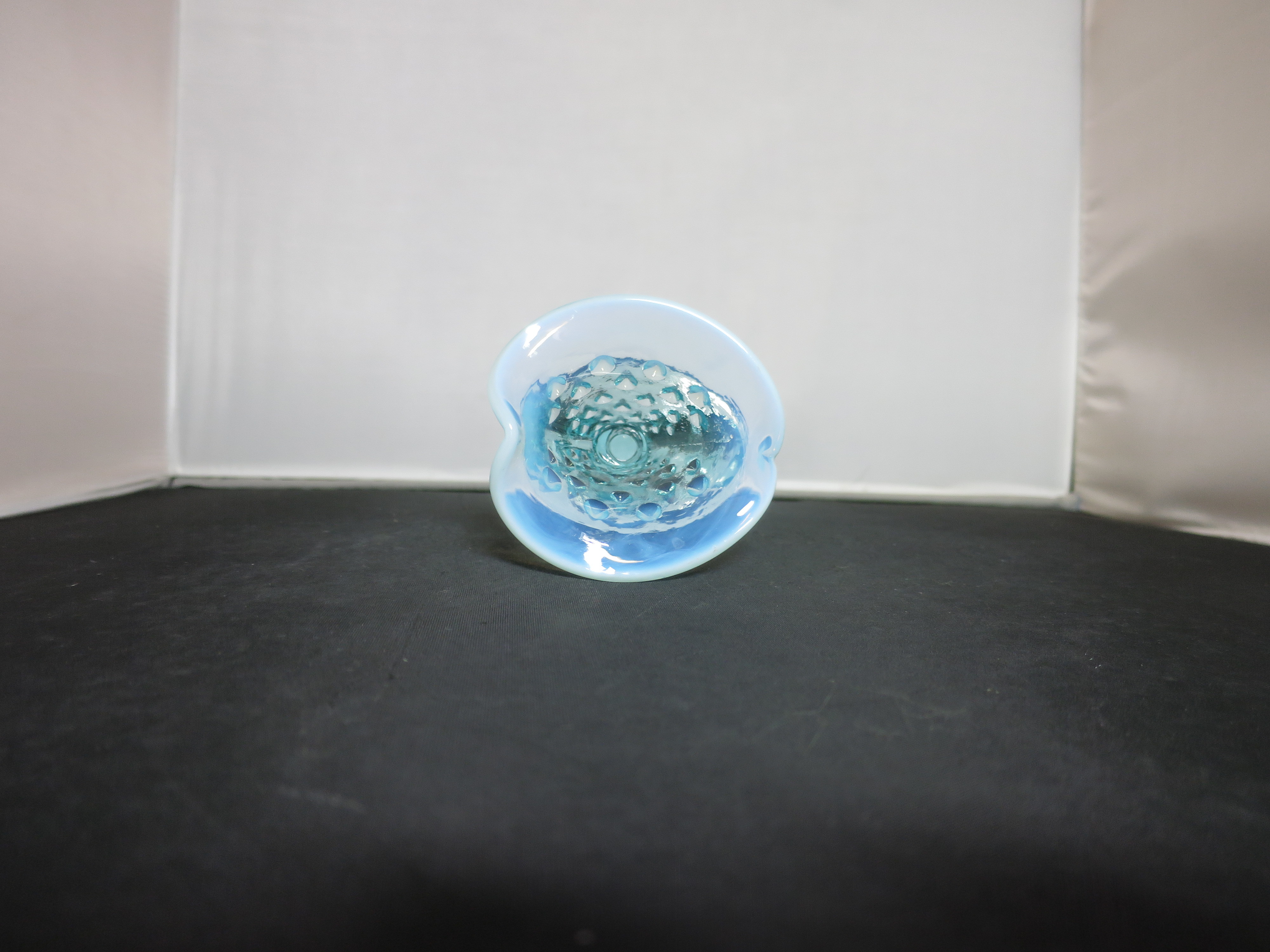 Fenton Blue Opalescent Glass Hobnail Cornucopia Vase