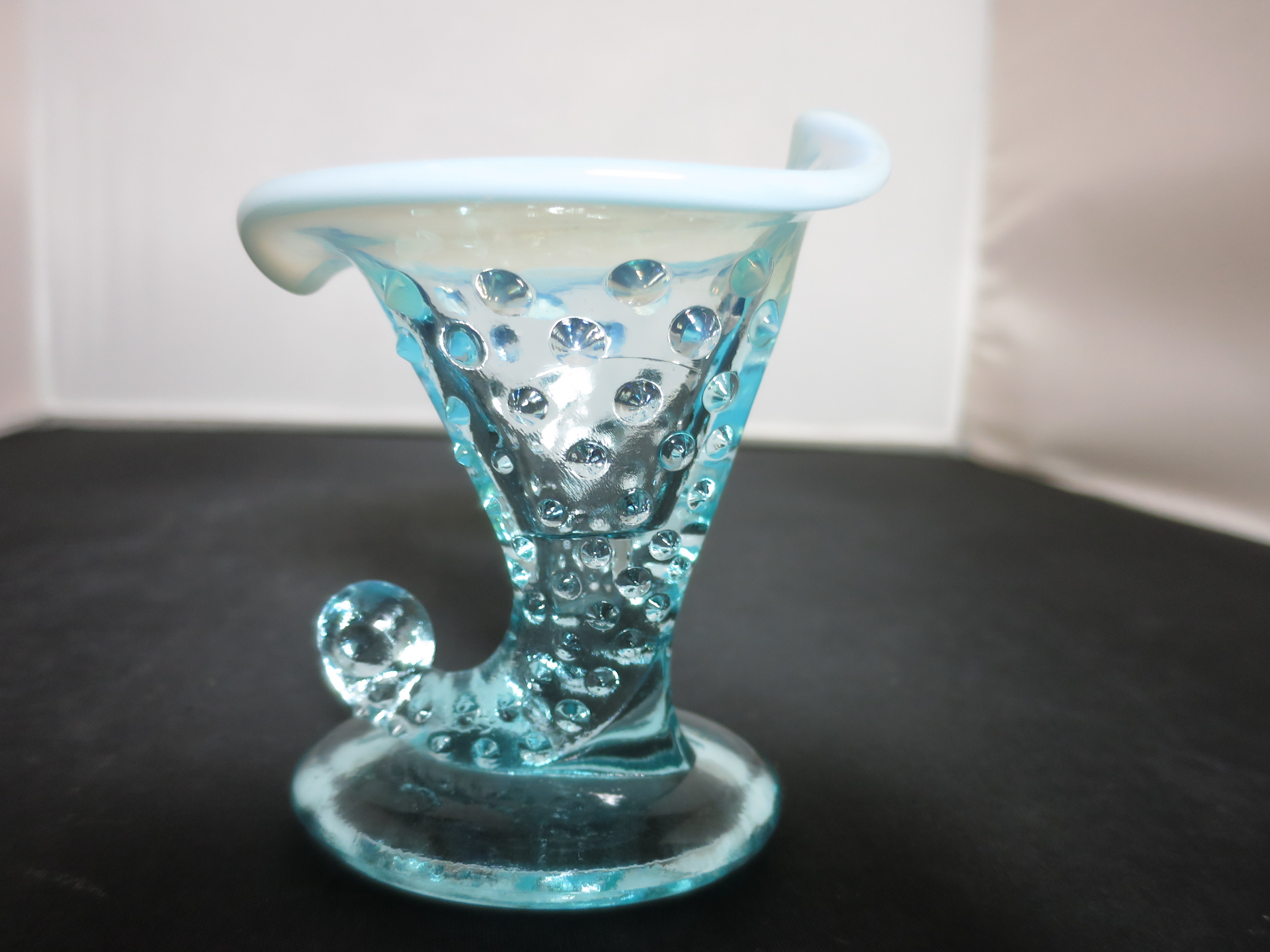 Fenton Blue Opalescent Glass Hobnail Cornucopia Vase