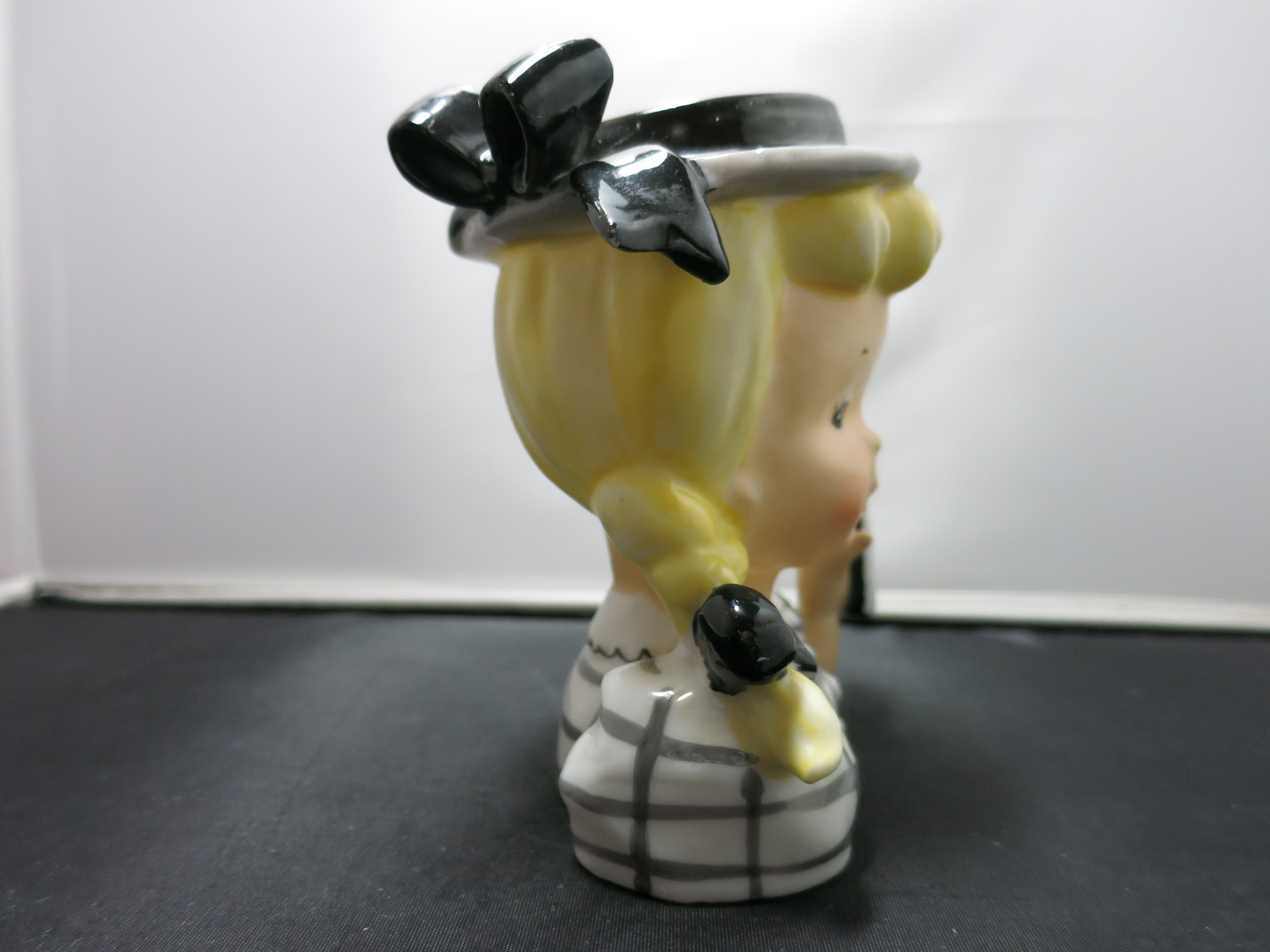 Vintage Napco Head Vase Pigtail Blonde Girl Lady Gray Dress