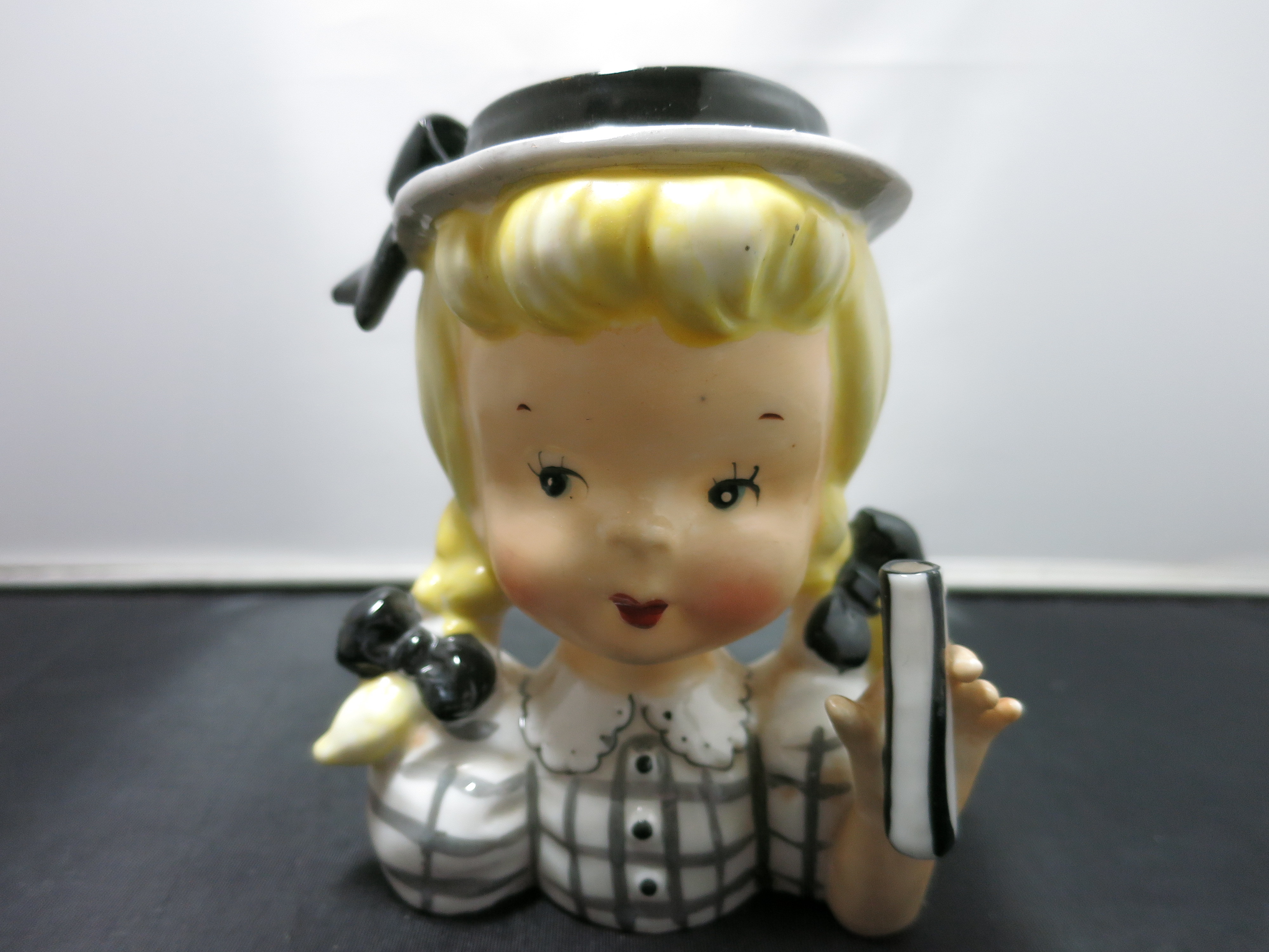 Vintage Napco Head Vase Pigtail Blonde Girl Lady Gray Dress