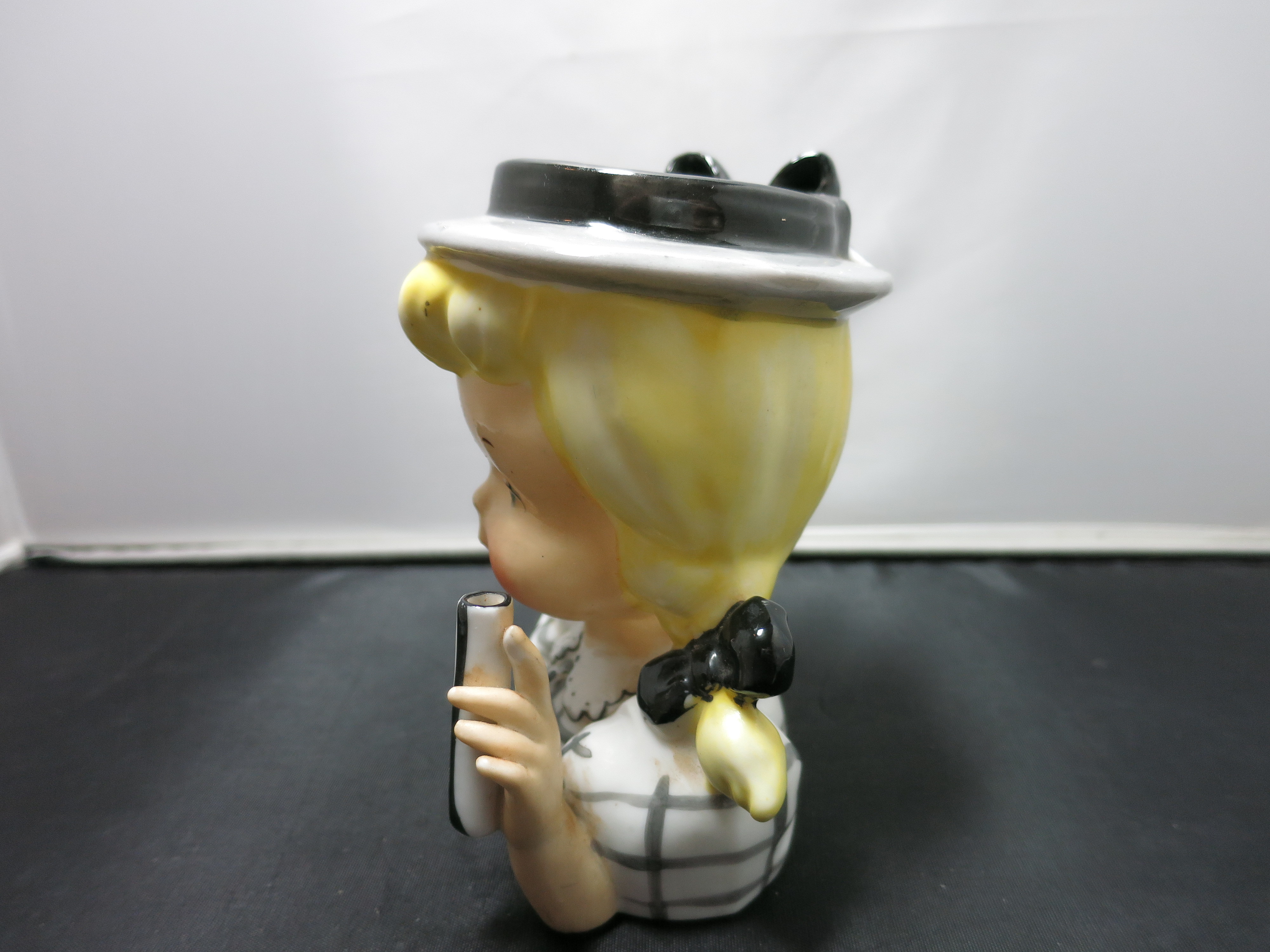 Vintage Napco Head Vase Pigtail Blonde Girl Lady Gray Dress
