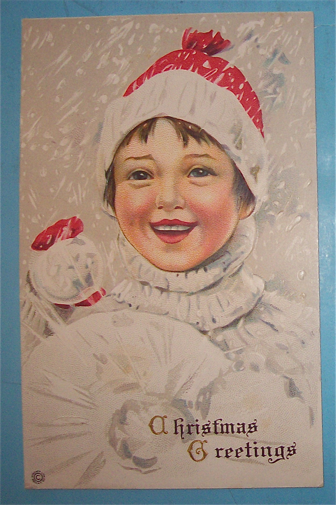 Christmas Greetings Postcard w/Girl Holding A Snowball