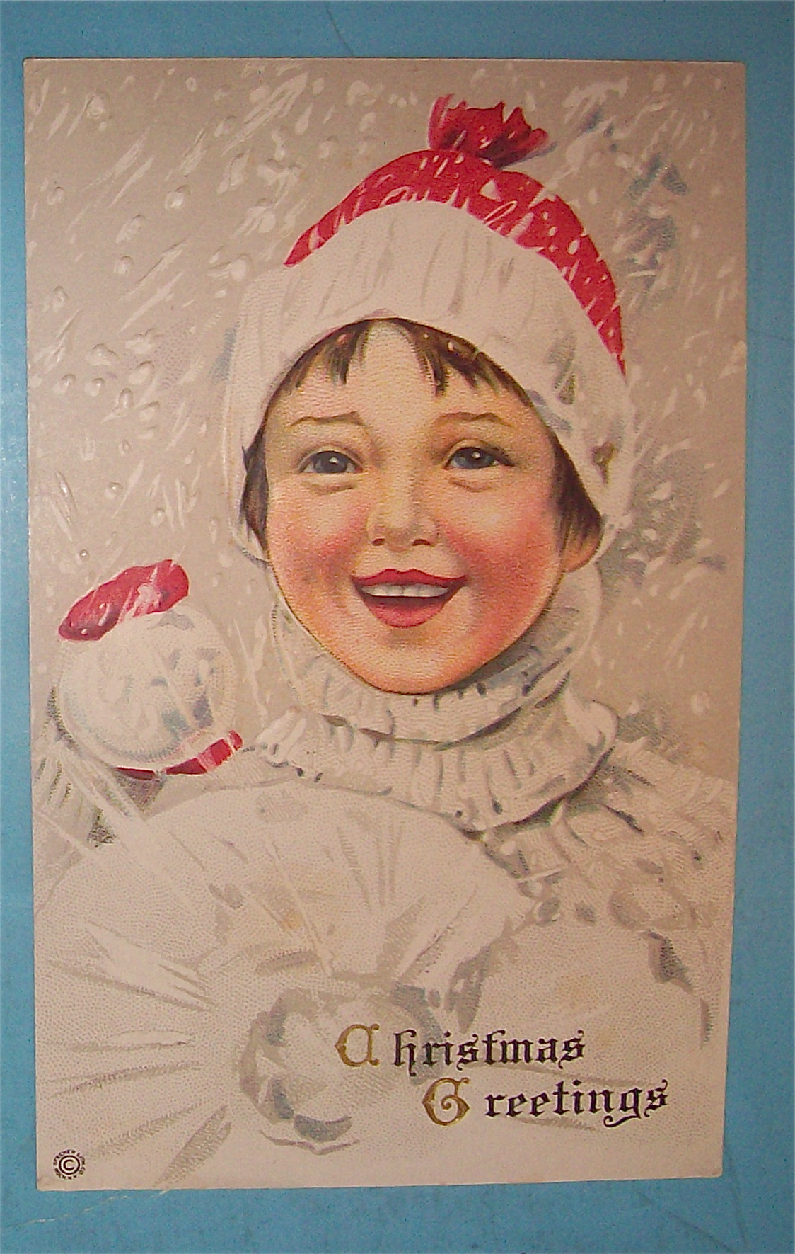 Christmas Greetings Postcard w/Girl Holding A Snowball