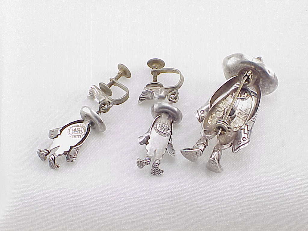 Signed Mexican Sterling Silver Man In Sombrero Brooch And Earrings Set