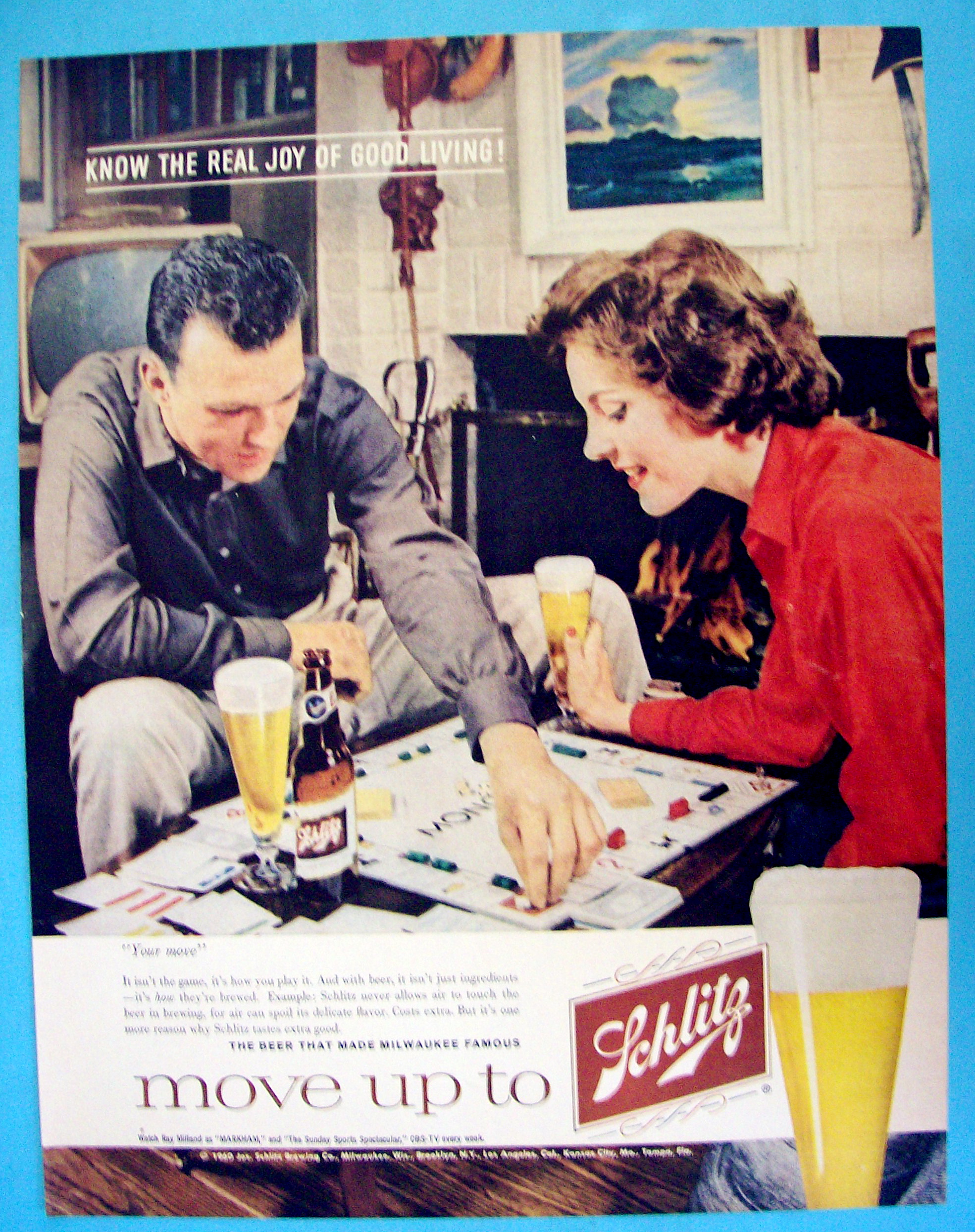 1960 Schlitz Beer with Man & Woman Playing Monopoly