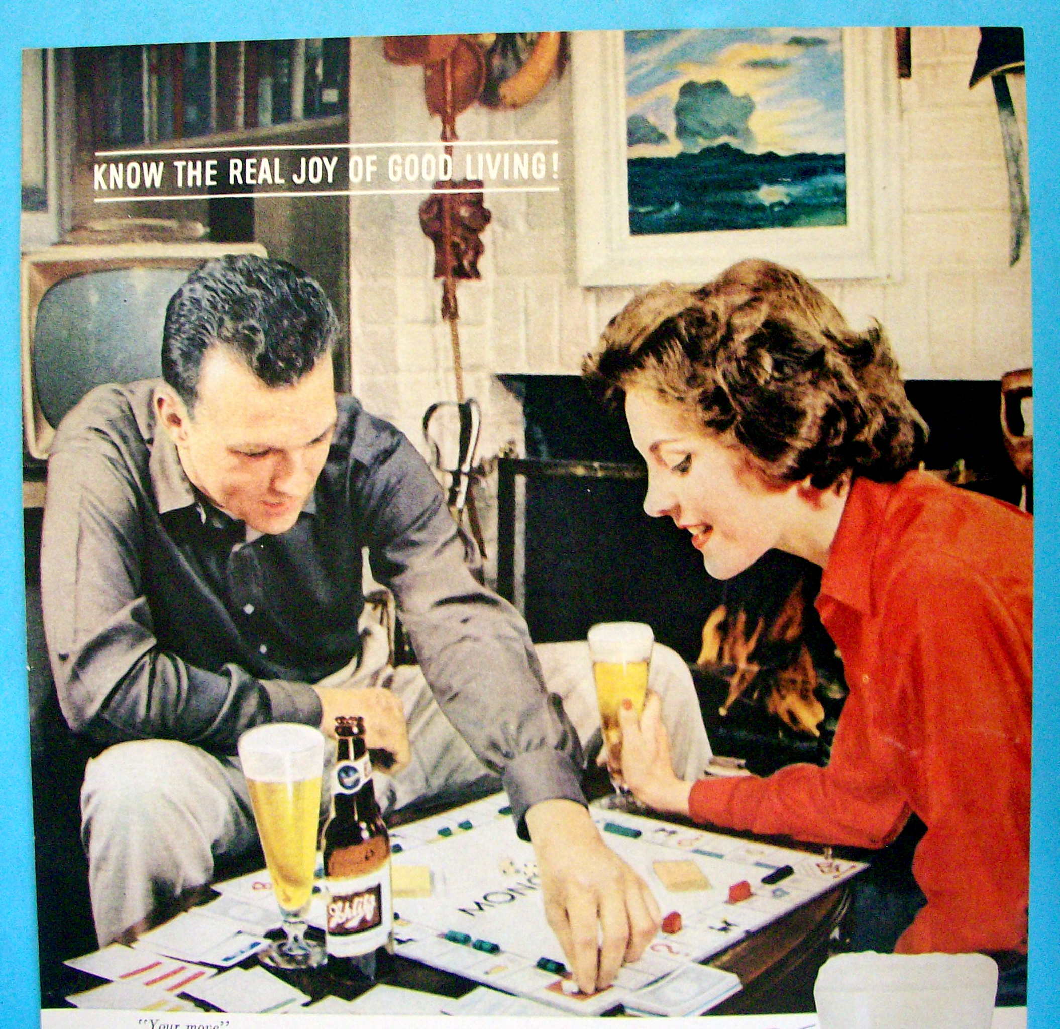 1960 Schlitz Beer with Man & Woman Playing Monopoly