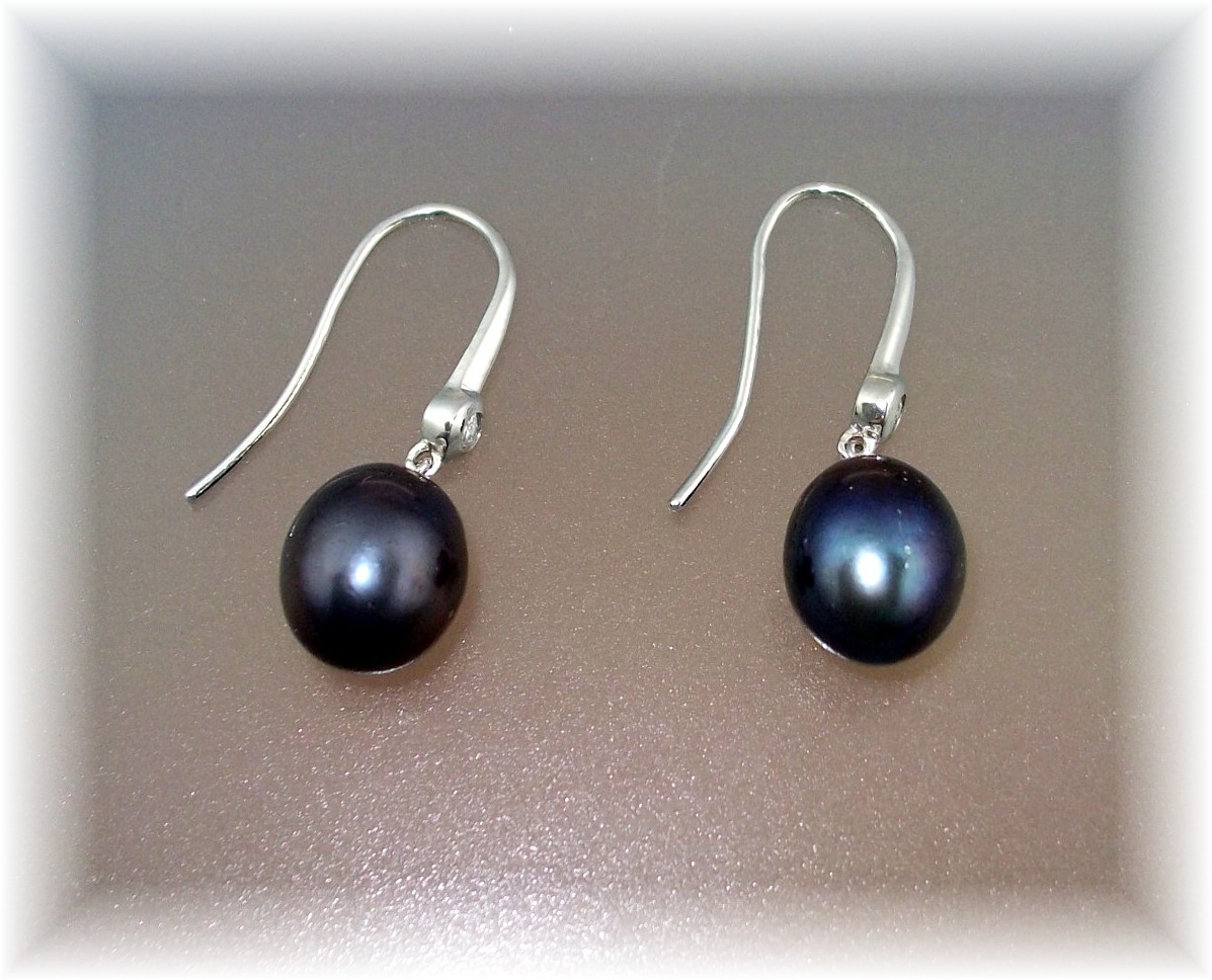 Earrings Black Freshwater Pearls Sterling Silver Loop P
