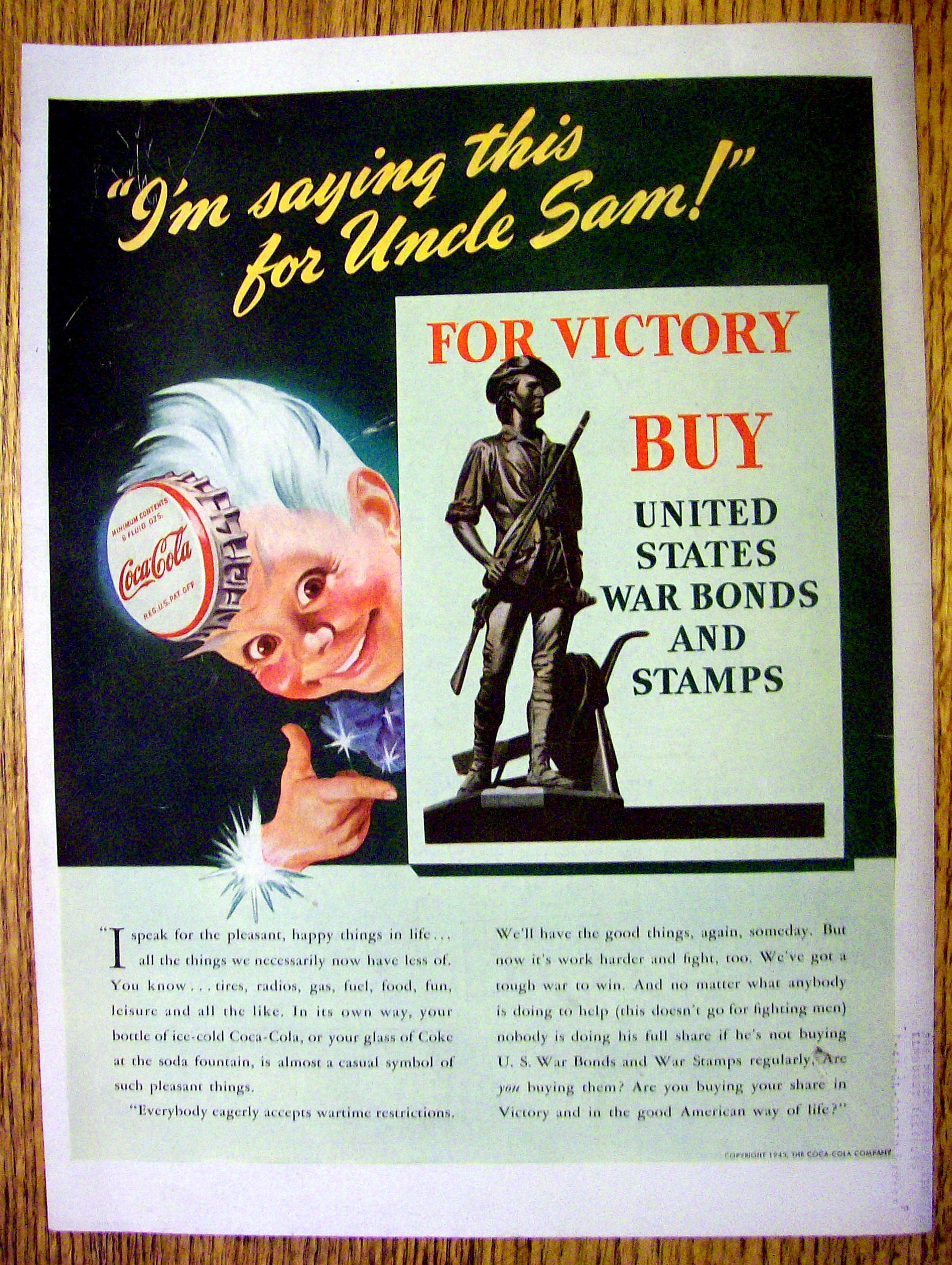 1943 Coca Cola (Coke) w/Man Wearing Coca Cola Soda Cap