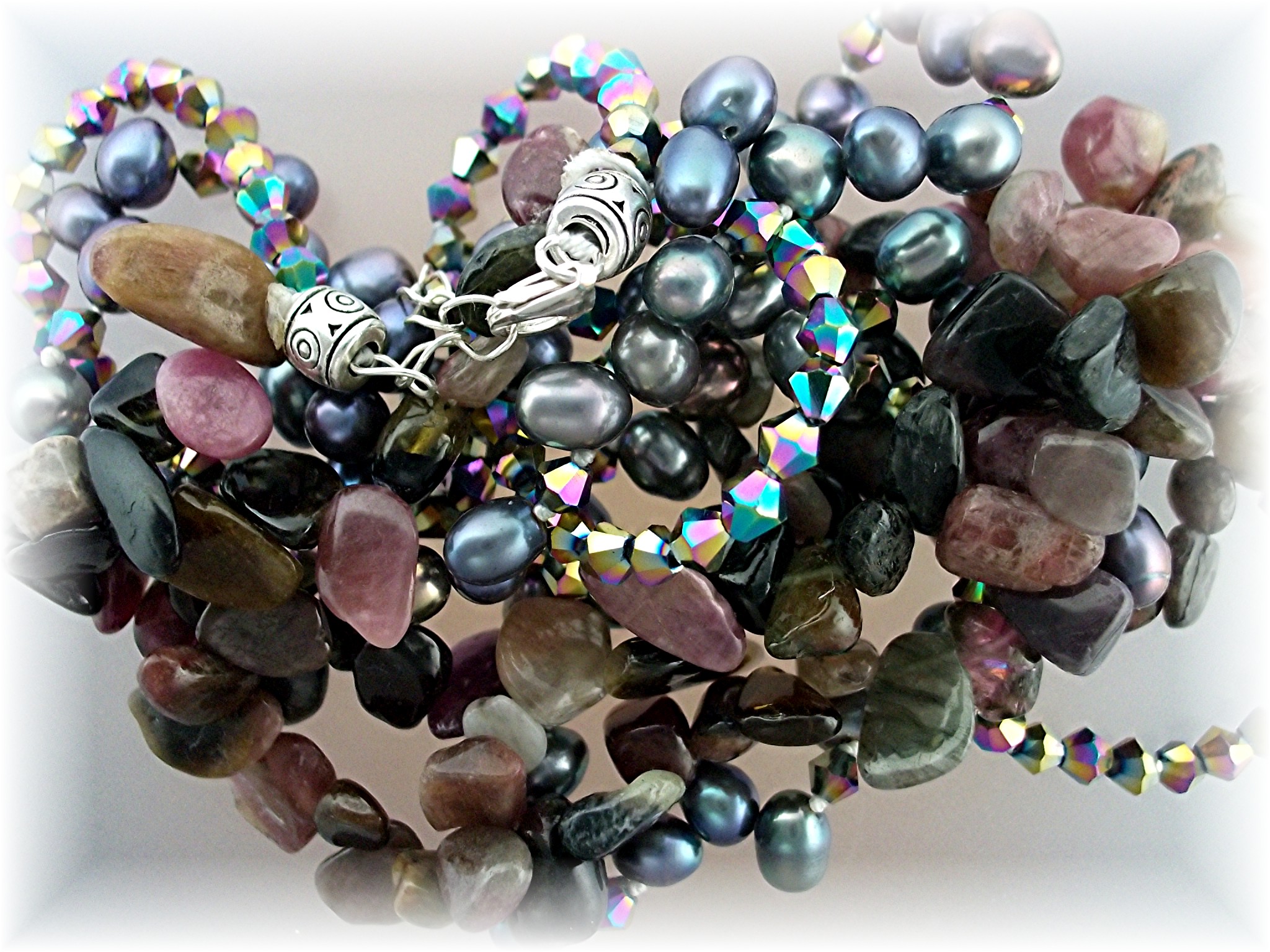 Necklace  Pink Tourmaline Freshwater Pearls Crystal Ste