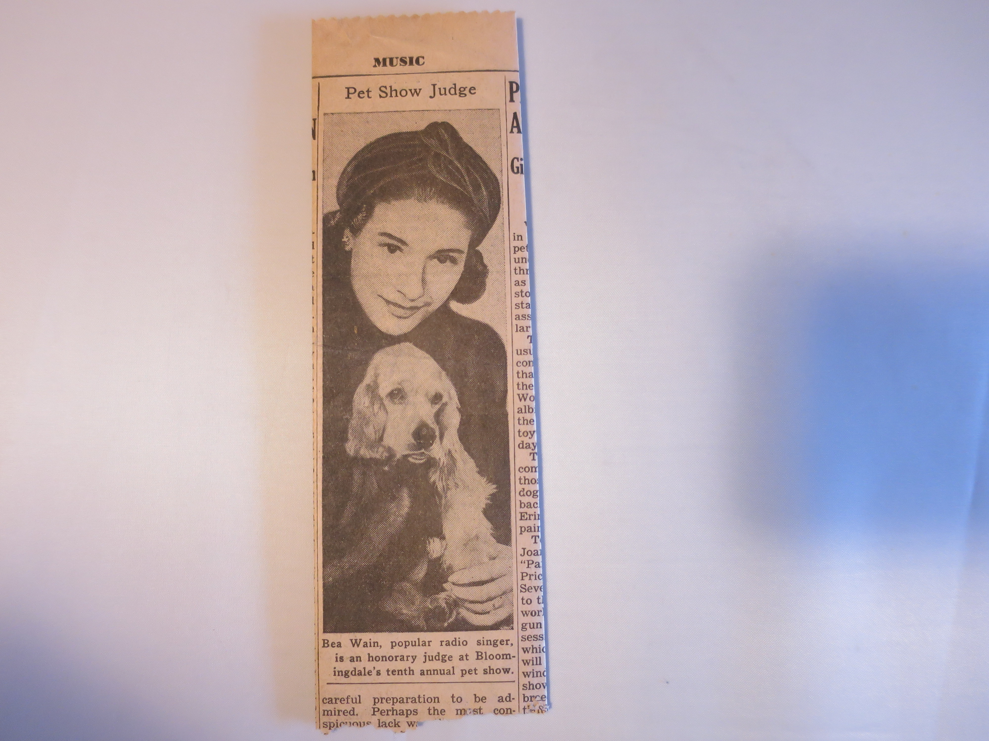Bea Wain  Radio singer newspaper Bloomingdale’s pet show honorary